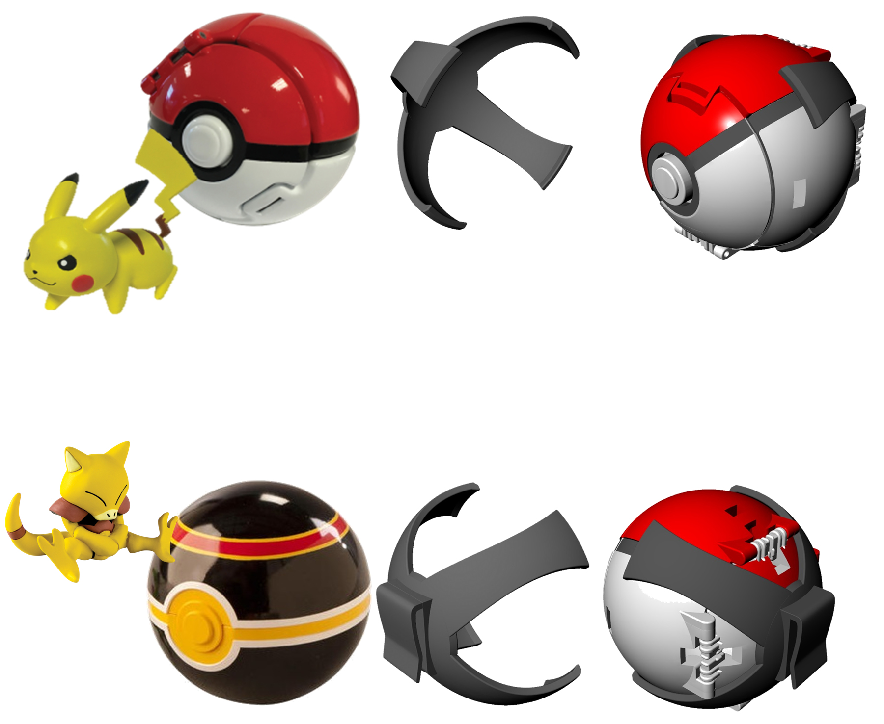 Juguetes Pokémon: Pikachu y Abra interactúan con Poké Balls rojas y negras.