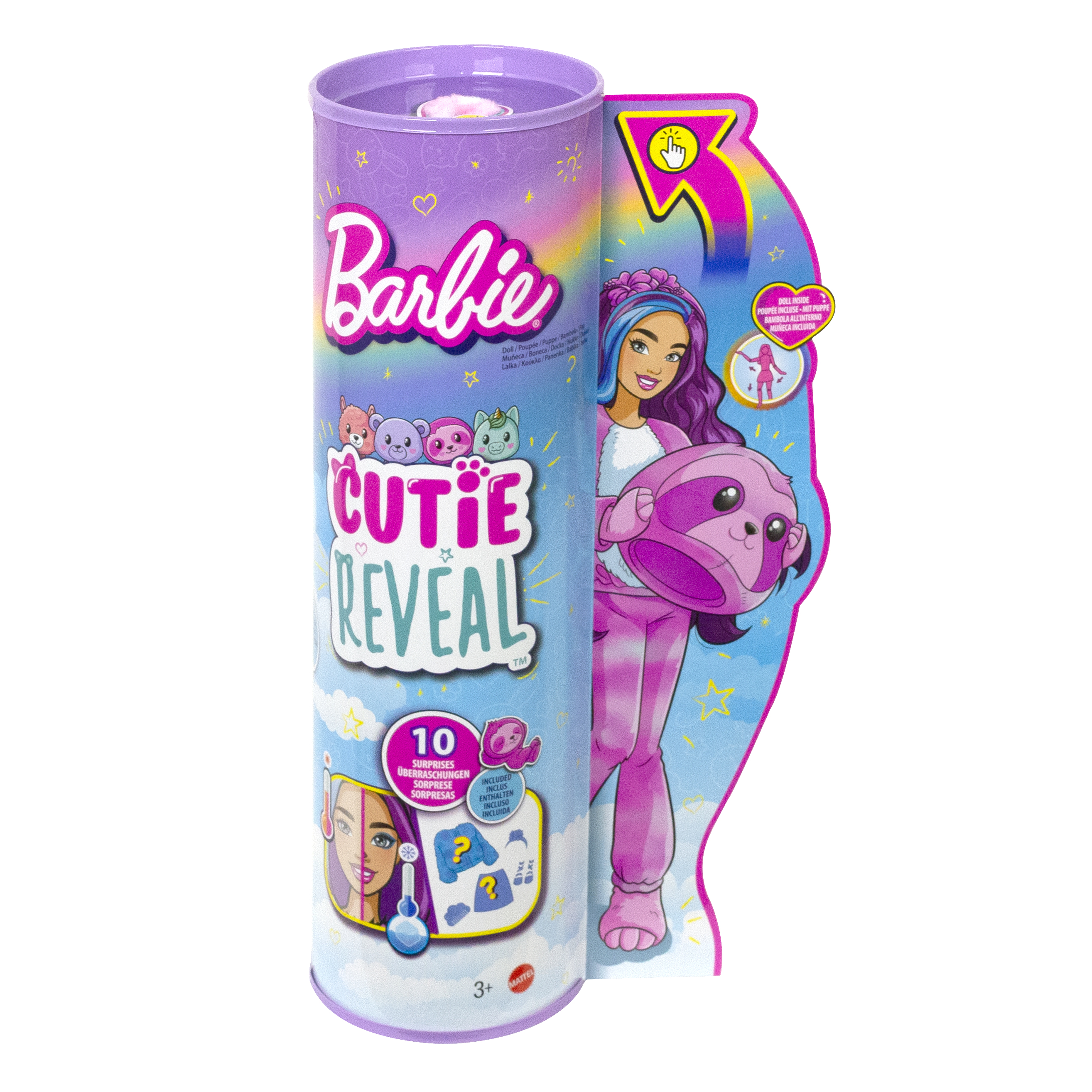 Opakowanie Barbie Cutie Reveal z lalką w kostiumie lamy. Jest fioletowe i różowe.