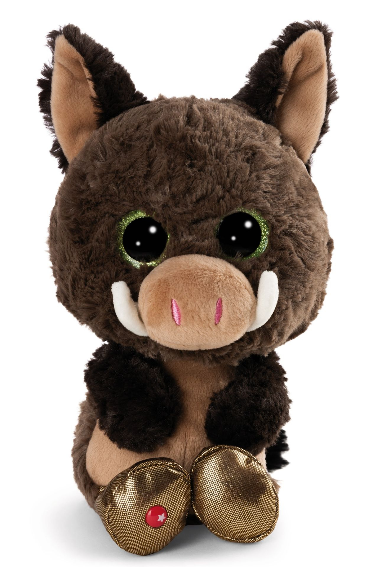 Pluszowa zabawka dzika z dużymi oczami i złotymi stopami. Ma kły i różowy nos.