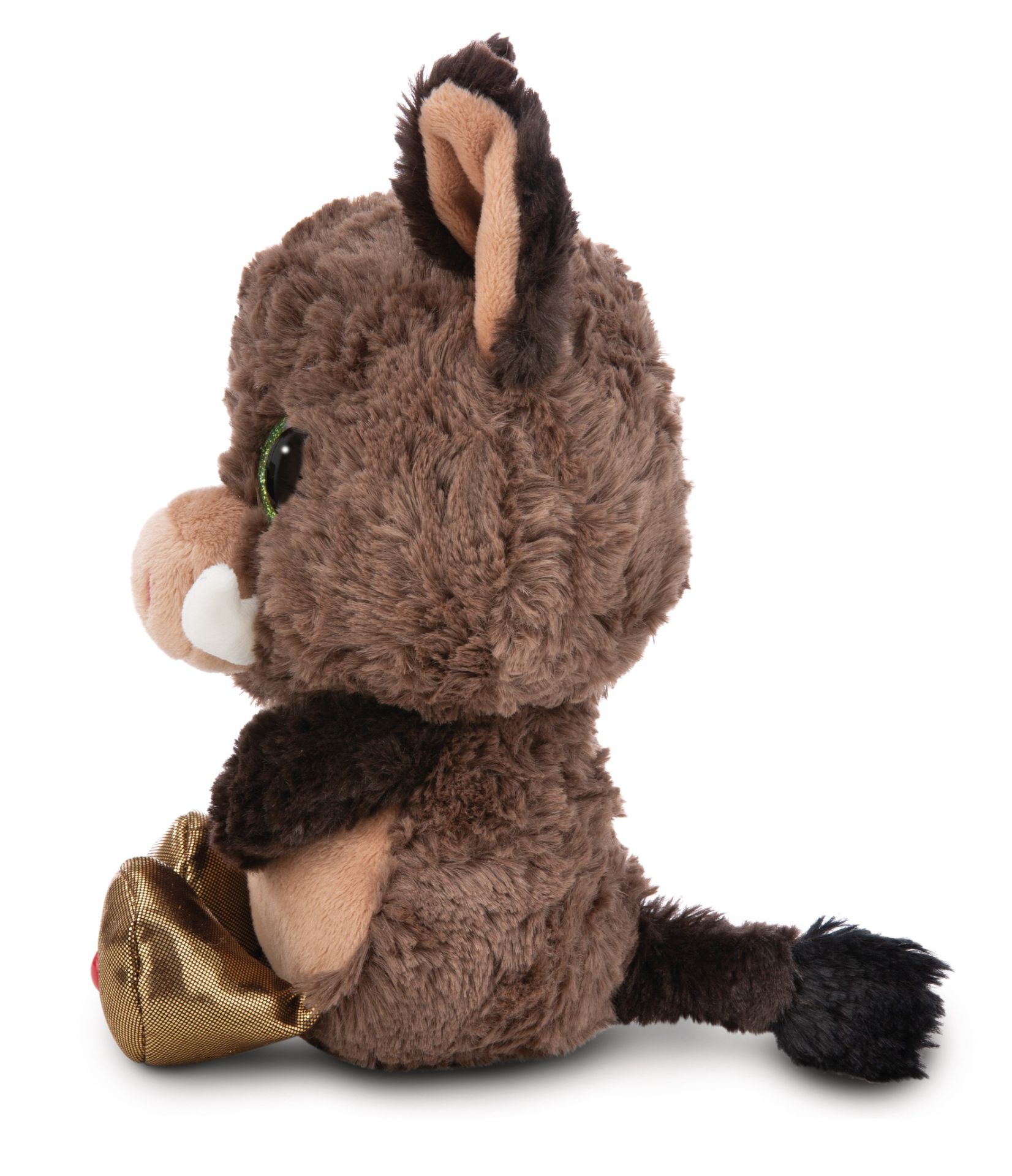 Widok z boku pluszowej zabawki dzika z dużymi oczami i złotymi stopami. Ma ogon.