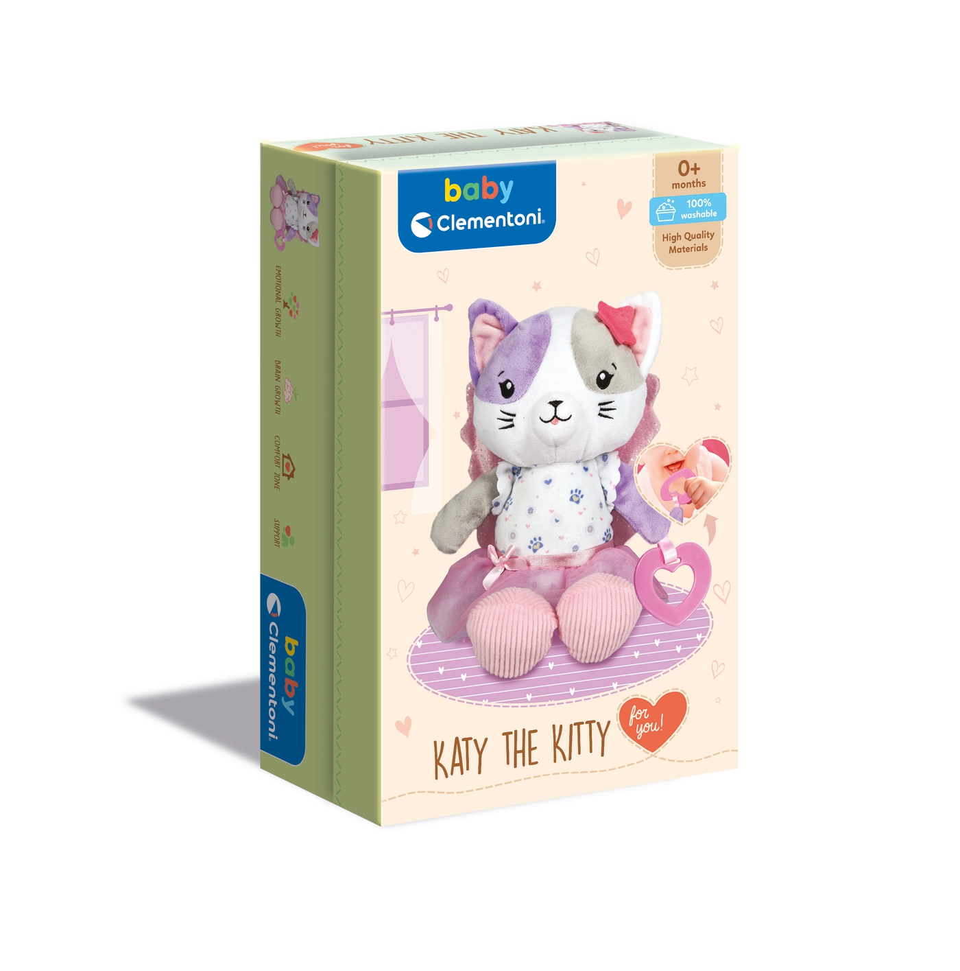 Scatola di giocattoli con un peluche Katy the Kitty all'interno e testo in più lingue.