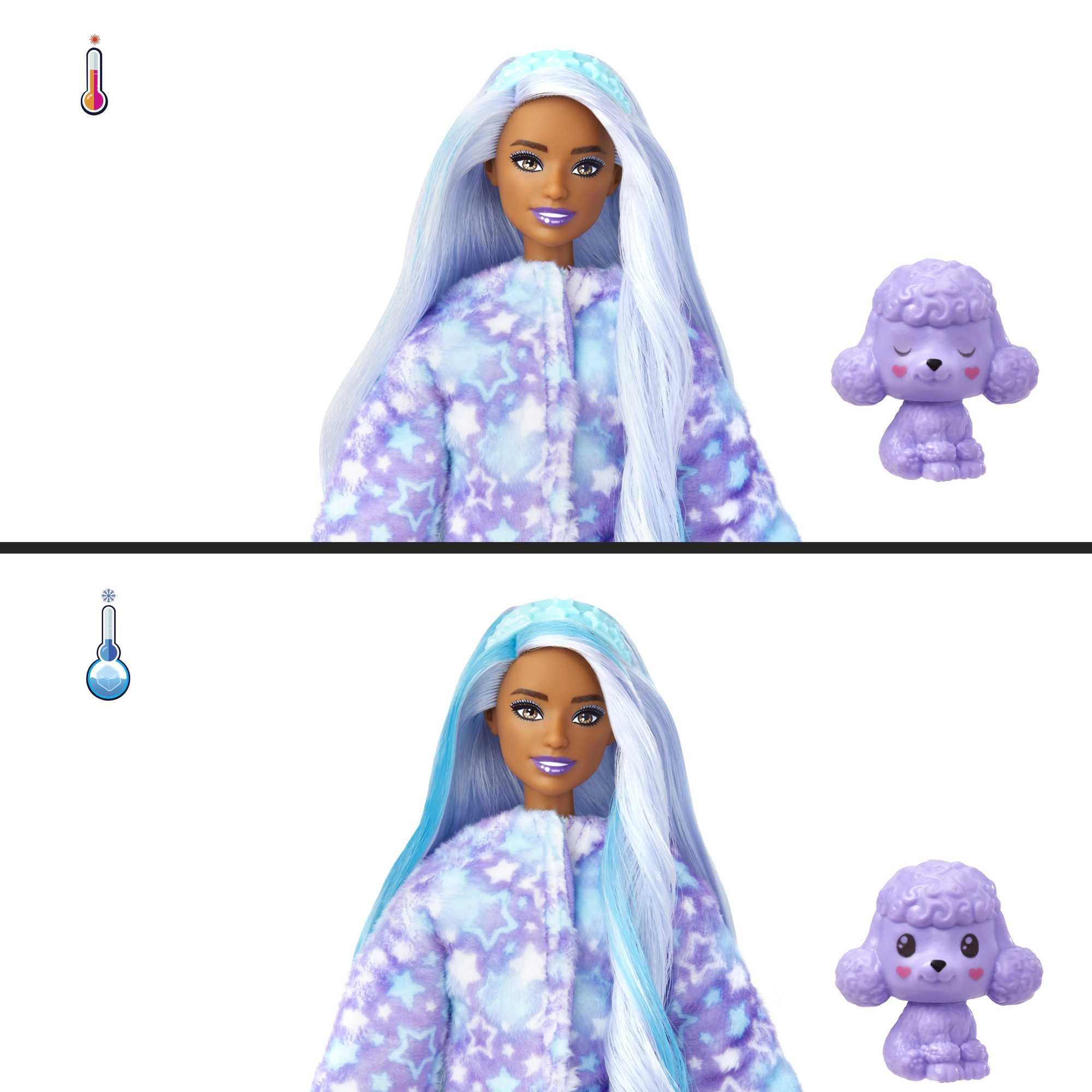Puppe mit 2 verschiedenen Outfits und Pudel, Temperatursymbole. Weißer Hintergrund.