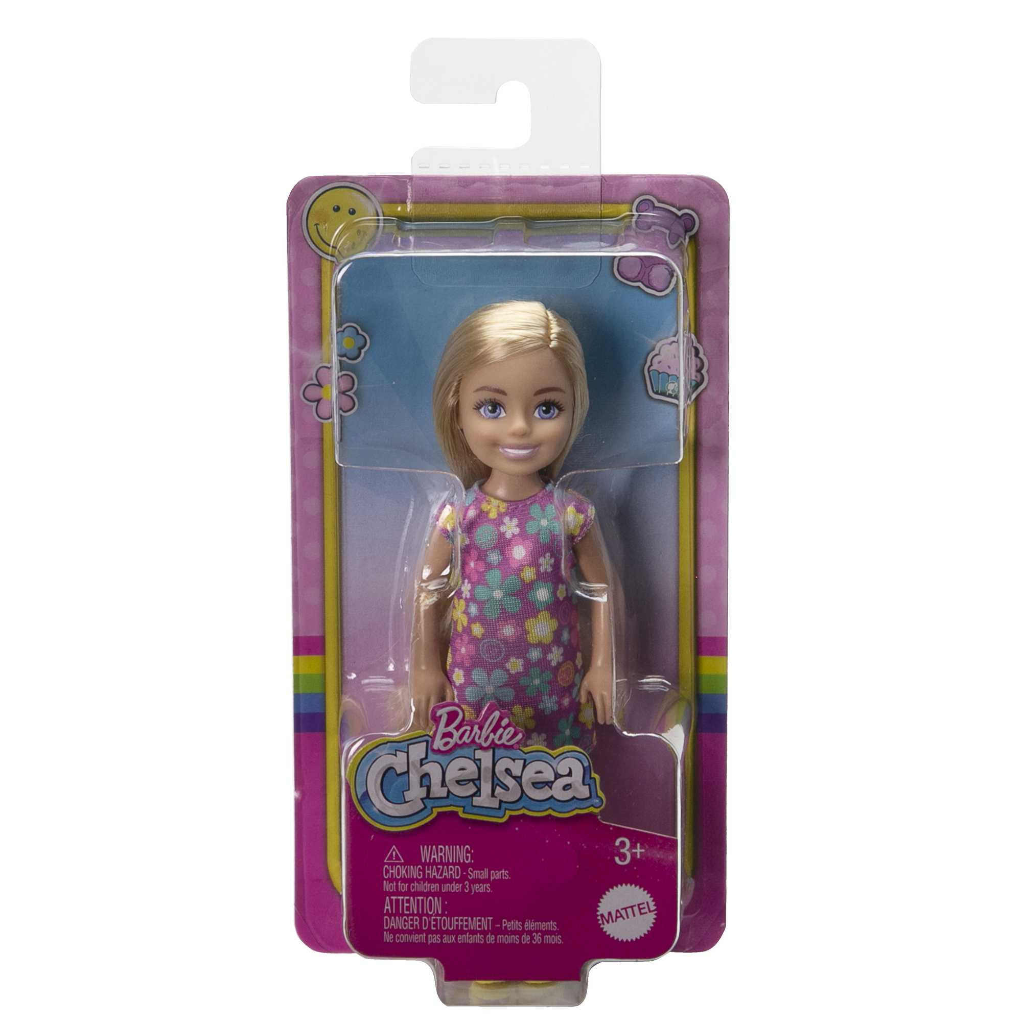 Chelsea-Puppe in Verpackung, geblümtes Kleid, blondes Haar. Rosa und blaue Verpackung.