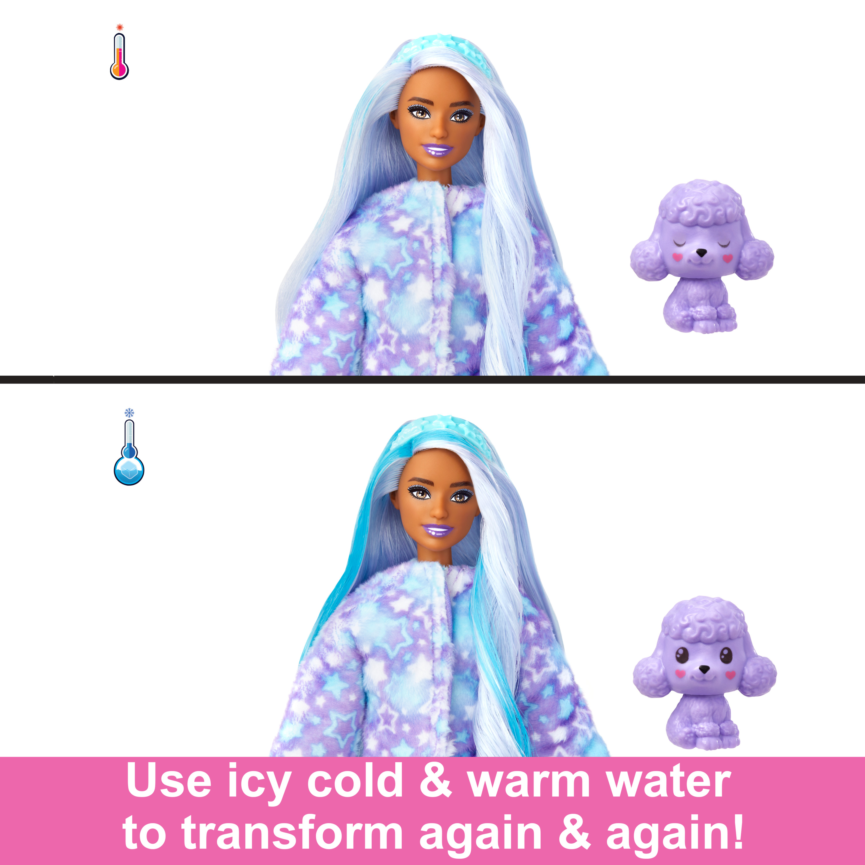 Barbie, zwei Bilder, eines kalt, eines warm, mit lila Pudel und Text.