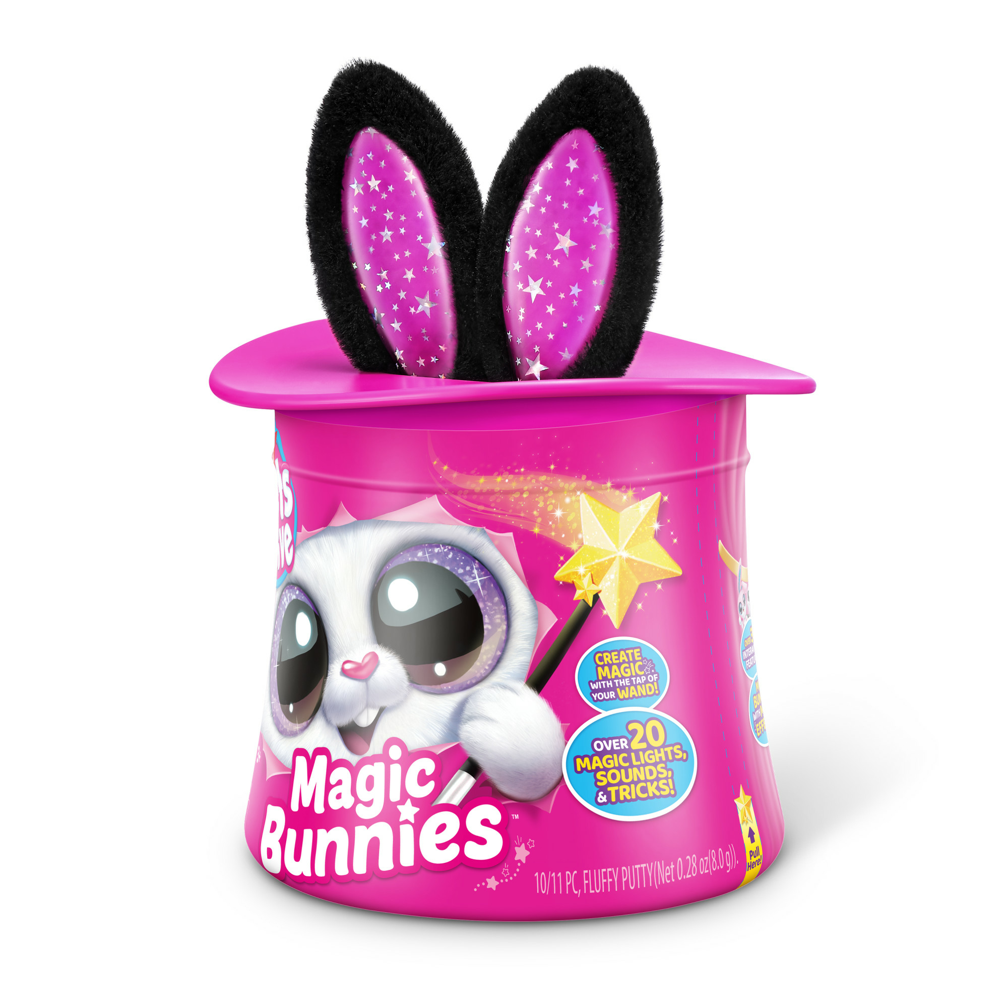 Rosa Zylinder mit schwarzen Ohren und einem Etikett mit der Aufschrift Magic Bunnies.