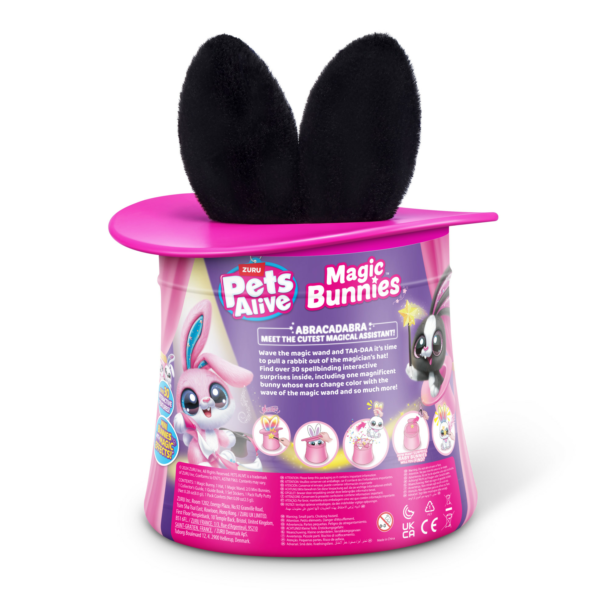 Ein rosa Zylinder mit schwarzen Ohren und einem Etikett mit der Aufschrift Magic Bunnies.