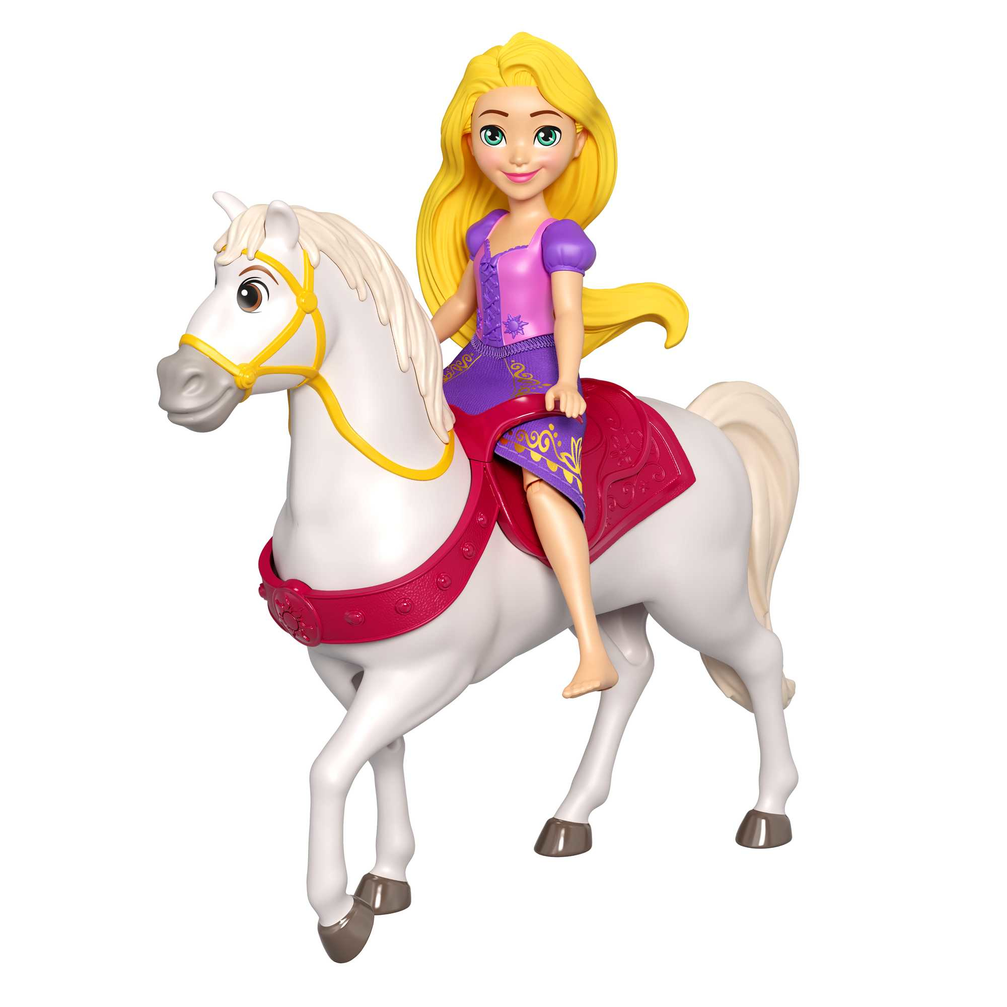 Rapunzel-Puppe reitet auf einem weißen Spielzeugpferd. Sie trägt ein lila Kleid. Weißer Hintergrund.