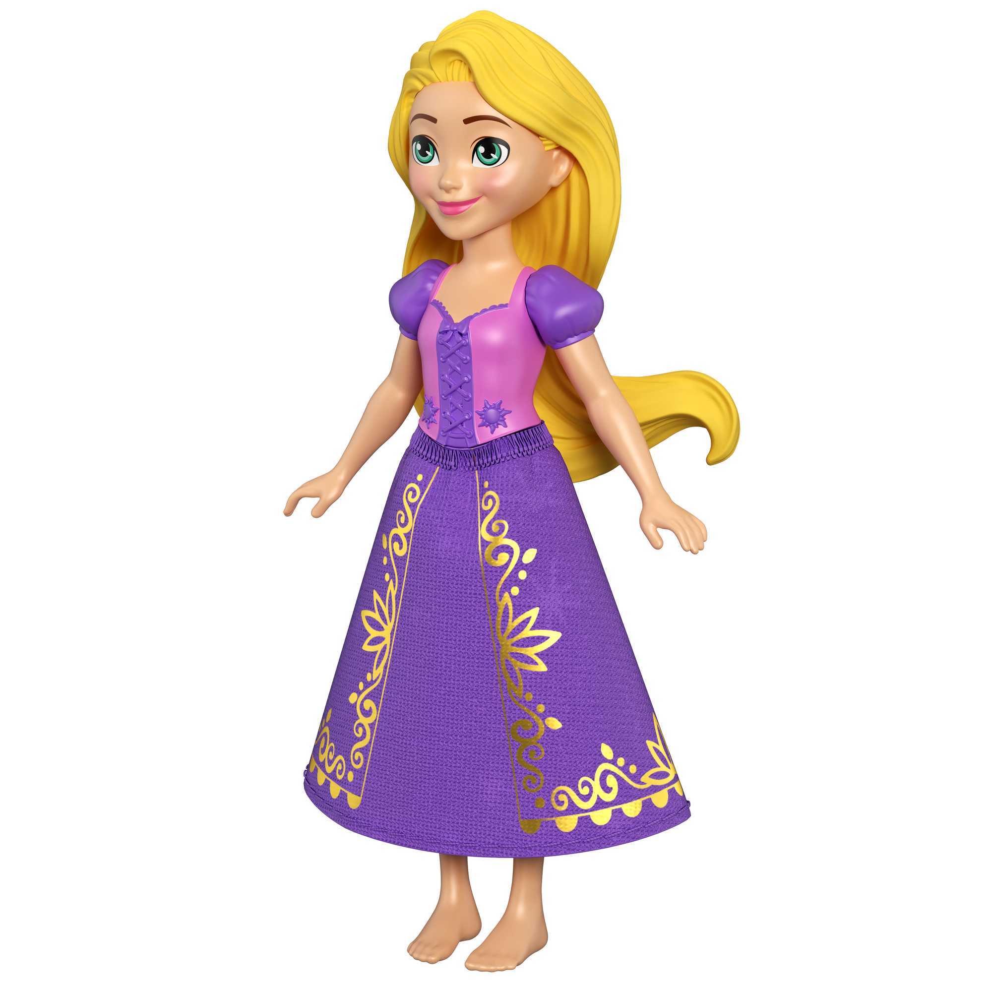 Rapunzel-Puppe in einem lila Kleid. Blondes Haar, grüne Augen. Weißer Hintergrund.