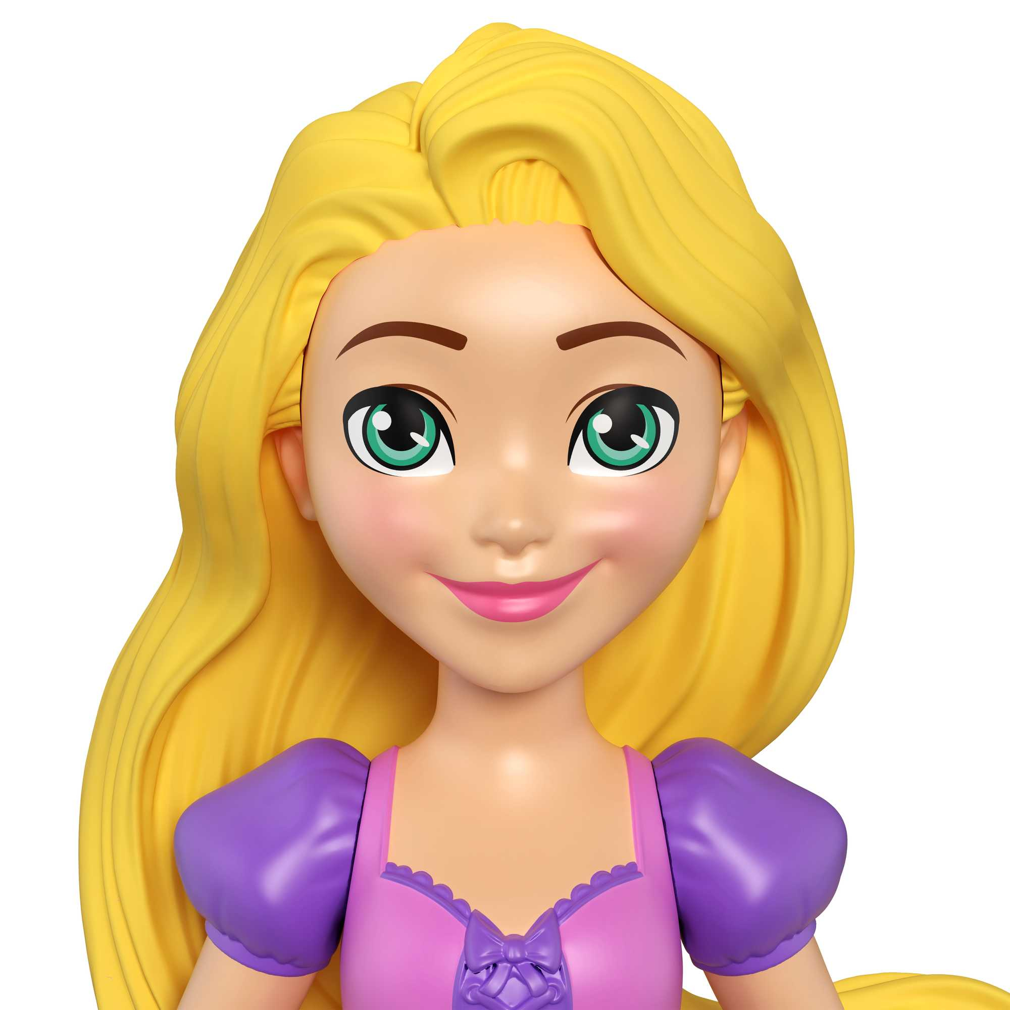Nahaufnahme des Gesichts einer Rapunzel-Puppe. Sie hat langes blondes Haar, grüne Augen und lächelt mit rosa Lippen.