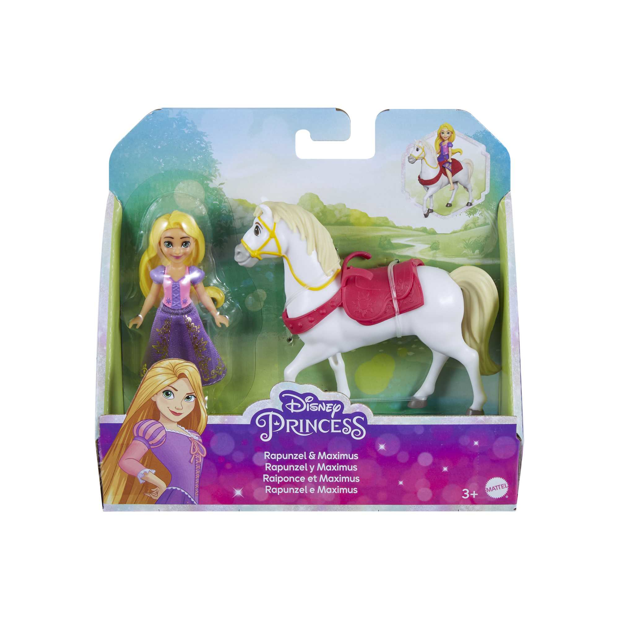 Box-Set mit Rapunzel-Puppe und Spielzeugpferd. Verpackung mit Rapunzel- und Pferdbildern.