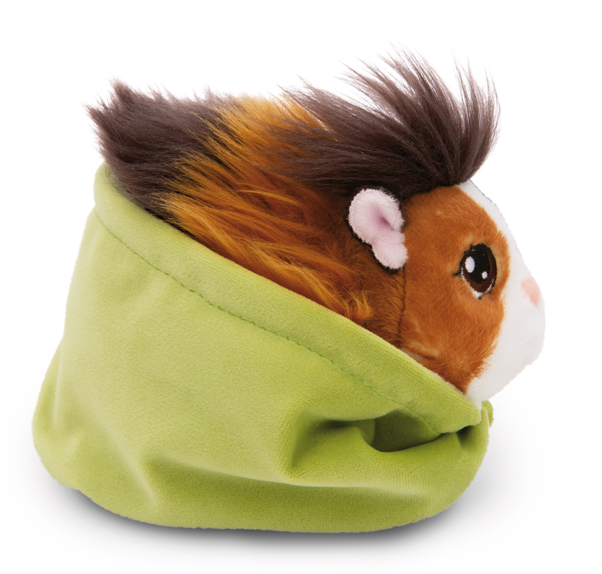Meerschweinchen-Plüschtier, eingewickelt in einen grünen Schal, Kopf sichtbar.