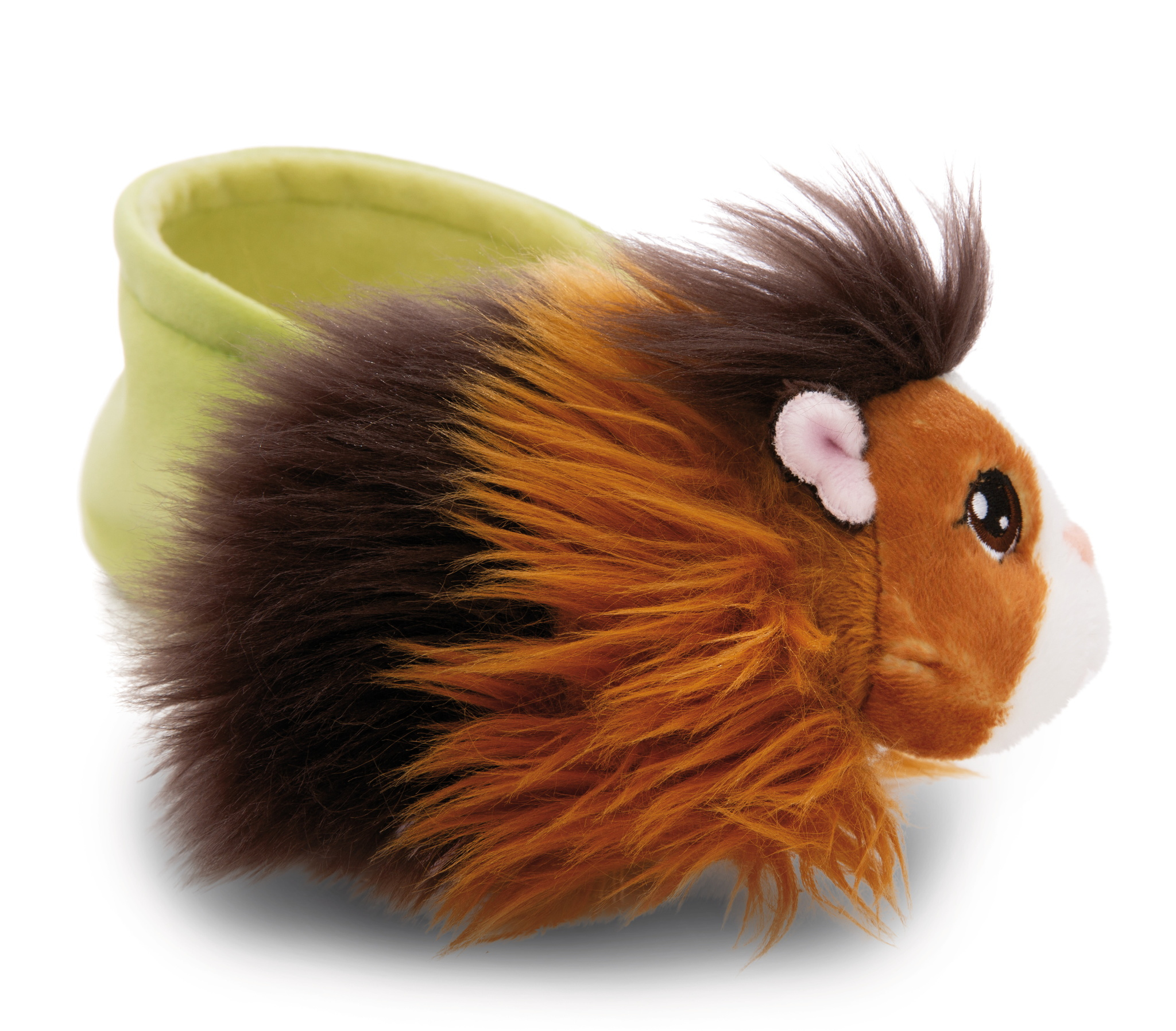 Ein Meerschweinchen-Plüschtier, braunes und orangefarbenes Fell mit einer grünen, pantoffelartigen Basis.