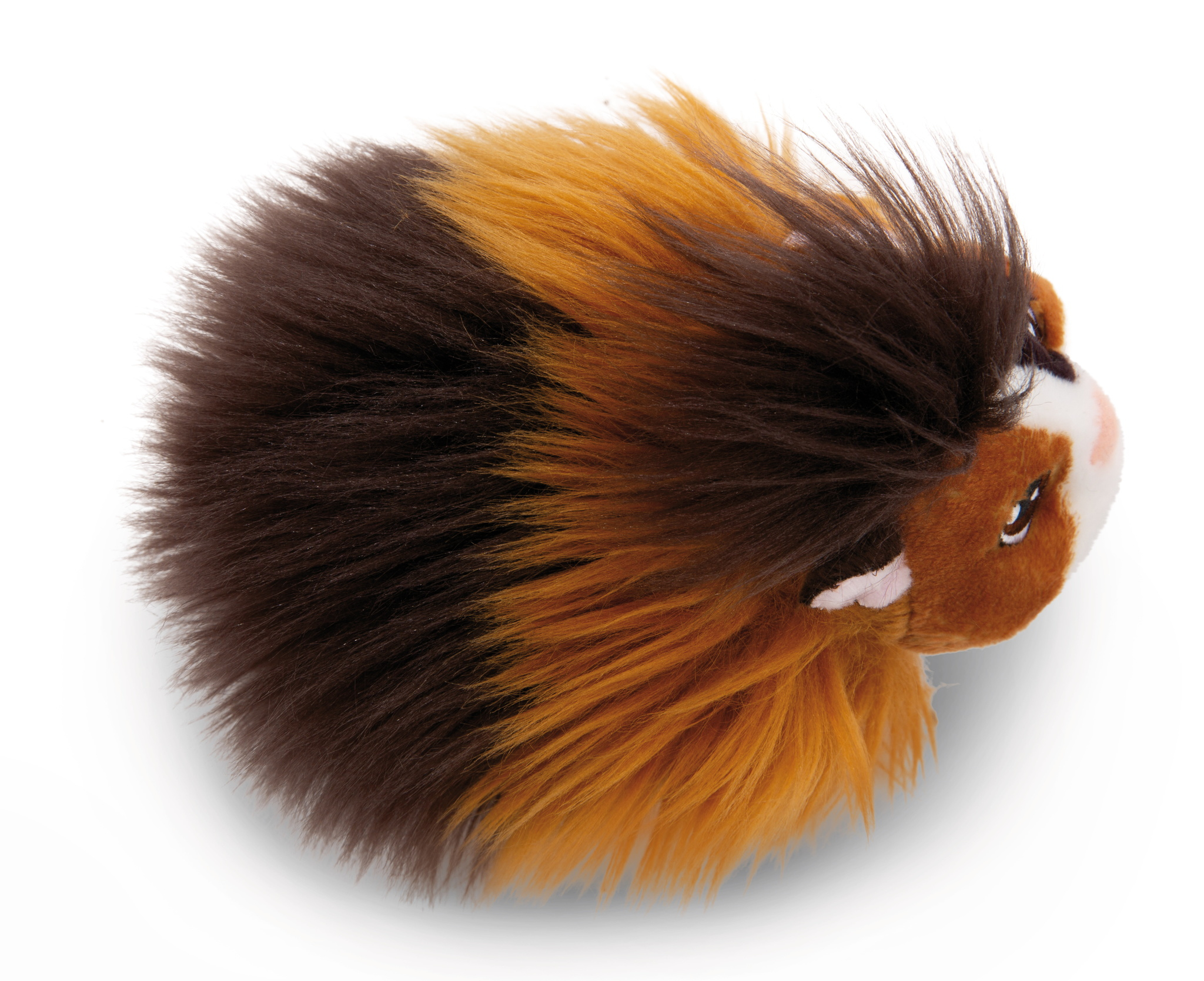 Ein braunes, orangefarbenes und schwarzes Meerschweinchen-Plüschtier. Das Plüschtier hat ein weißes Gesicht und langes Fell.