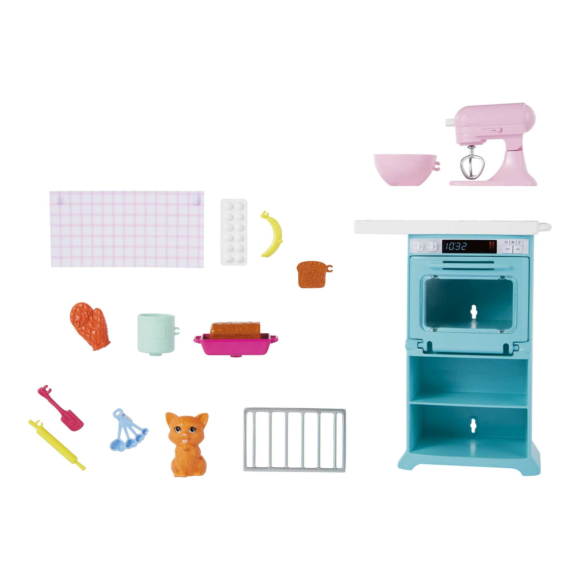 Juego de juguetes de cocina con varios accesorios, incluyendo una batidora, un horno y un gato de juguete.