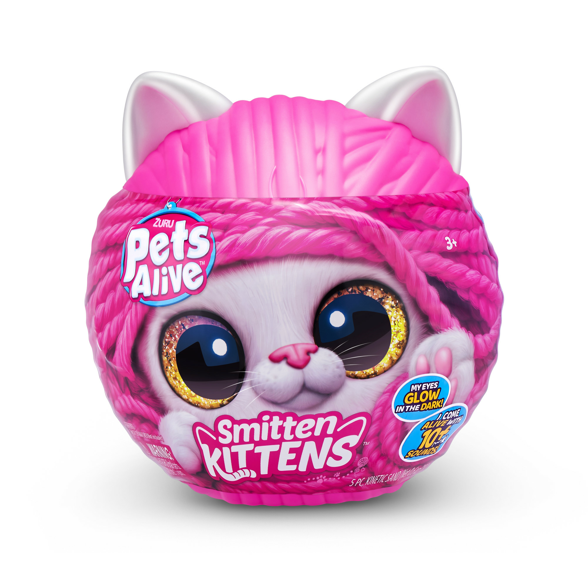 Giocattolo gattino rosa Zuru Pets Alive, con copertura per la testa a forma di gomitolo rosa. Bianco.