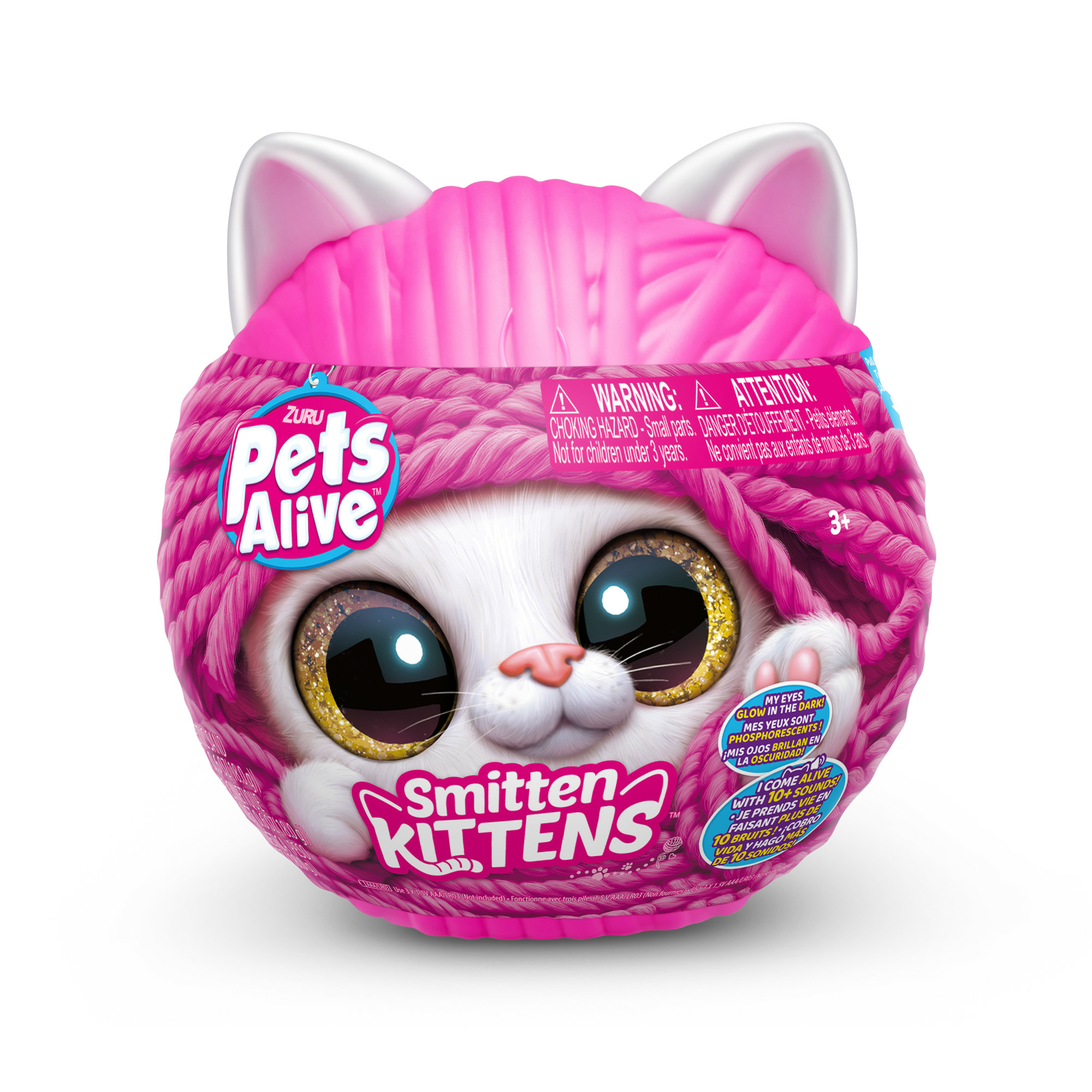 Un giocattolo a forma di gattino rosa, Zuru Pets Alive Smitten Kittens, a forma di gomitolo.