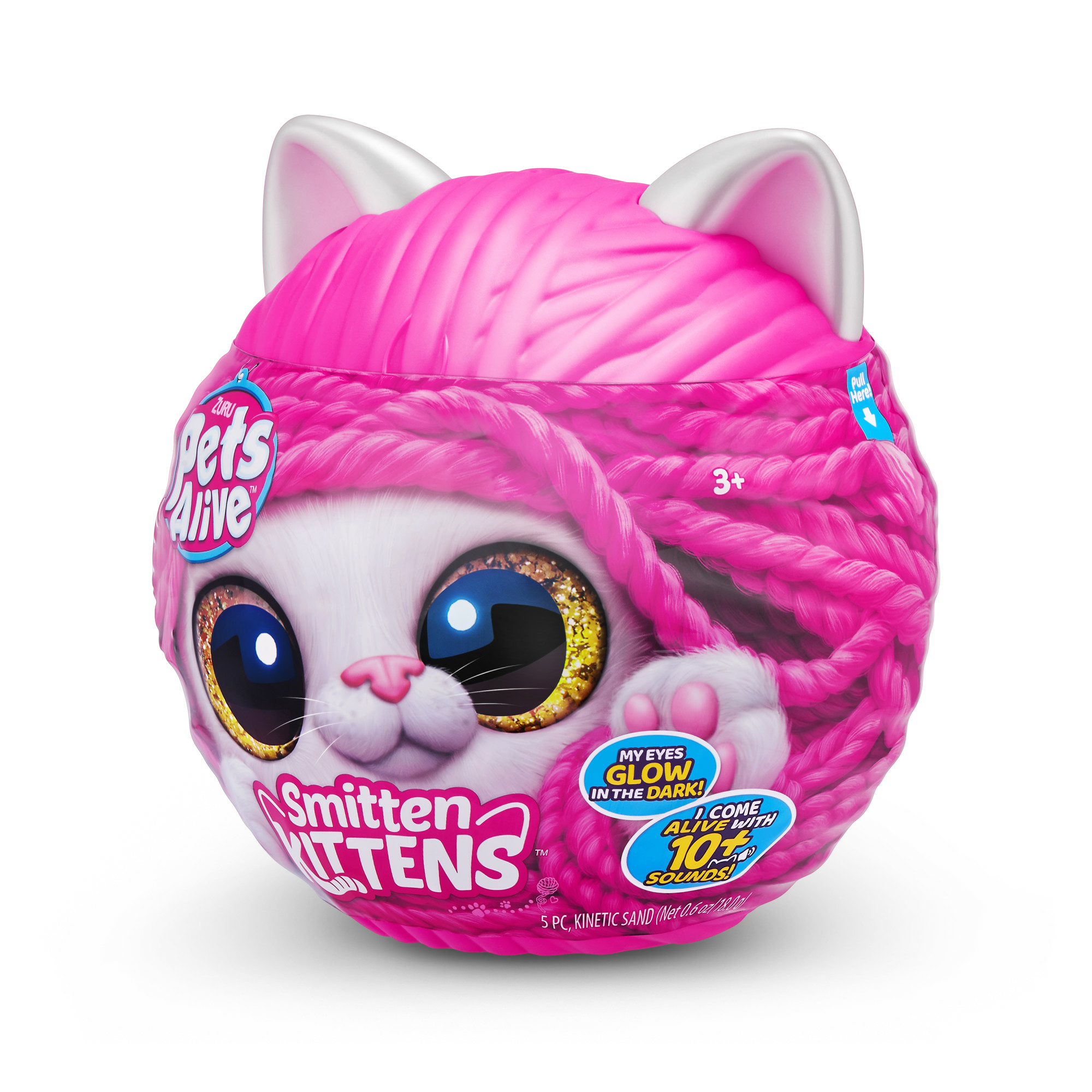 Giocattolo rosa a forma di palla con design a gattino, avvolto in filo rosa, con testo e immagini.