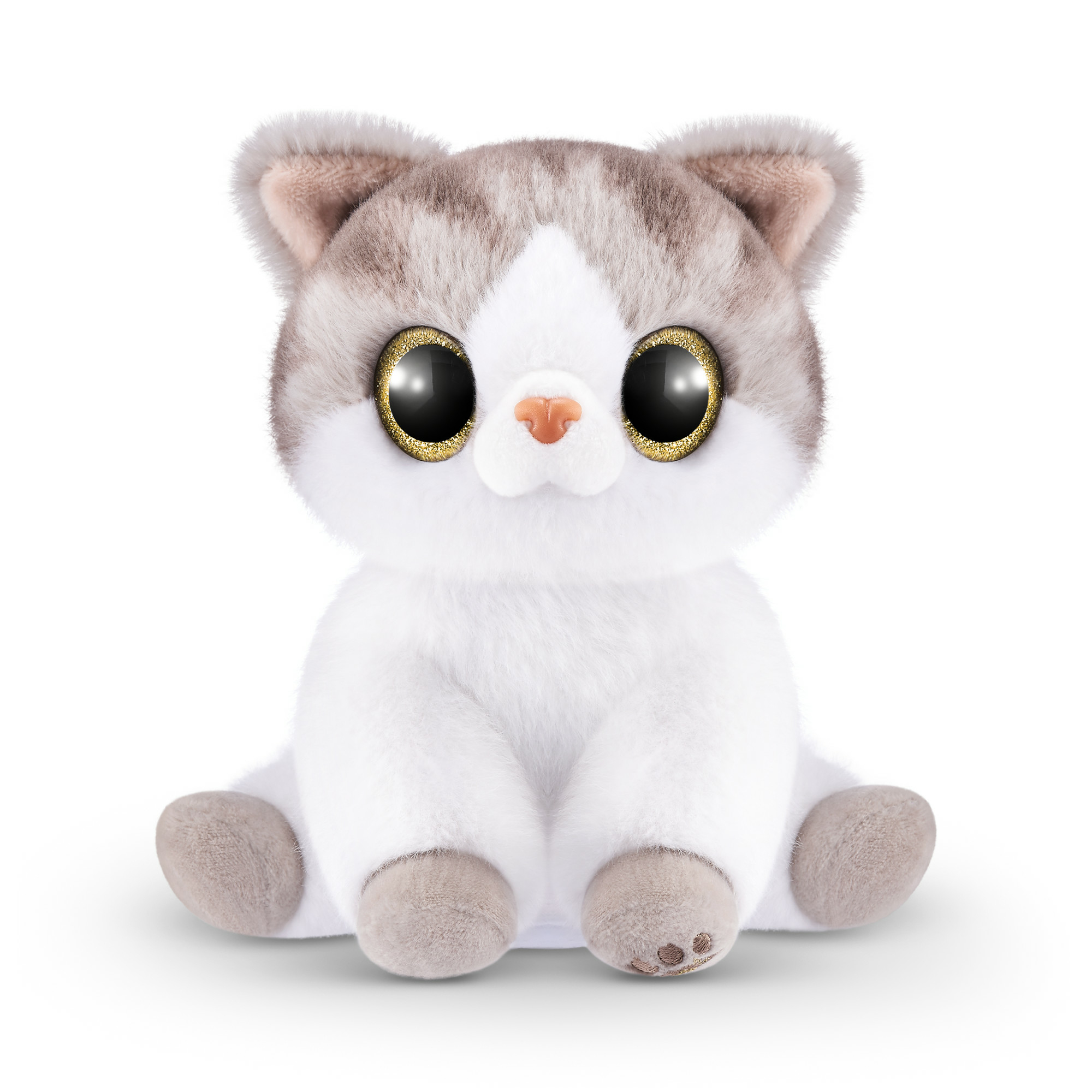 Peluche di gatto bianco con grandi occhi. Sfondo bianco.