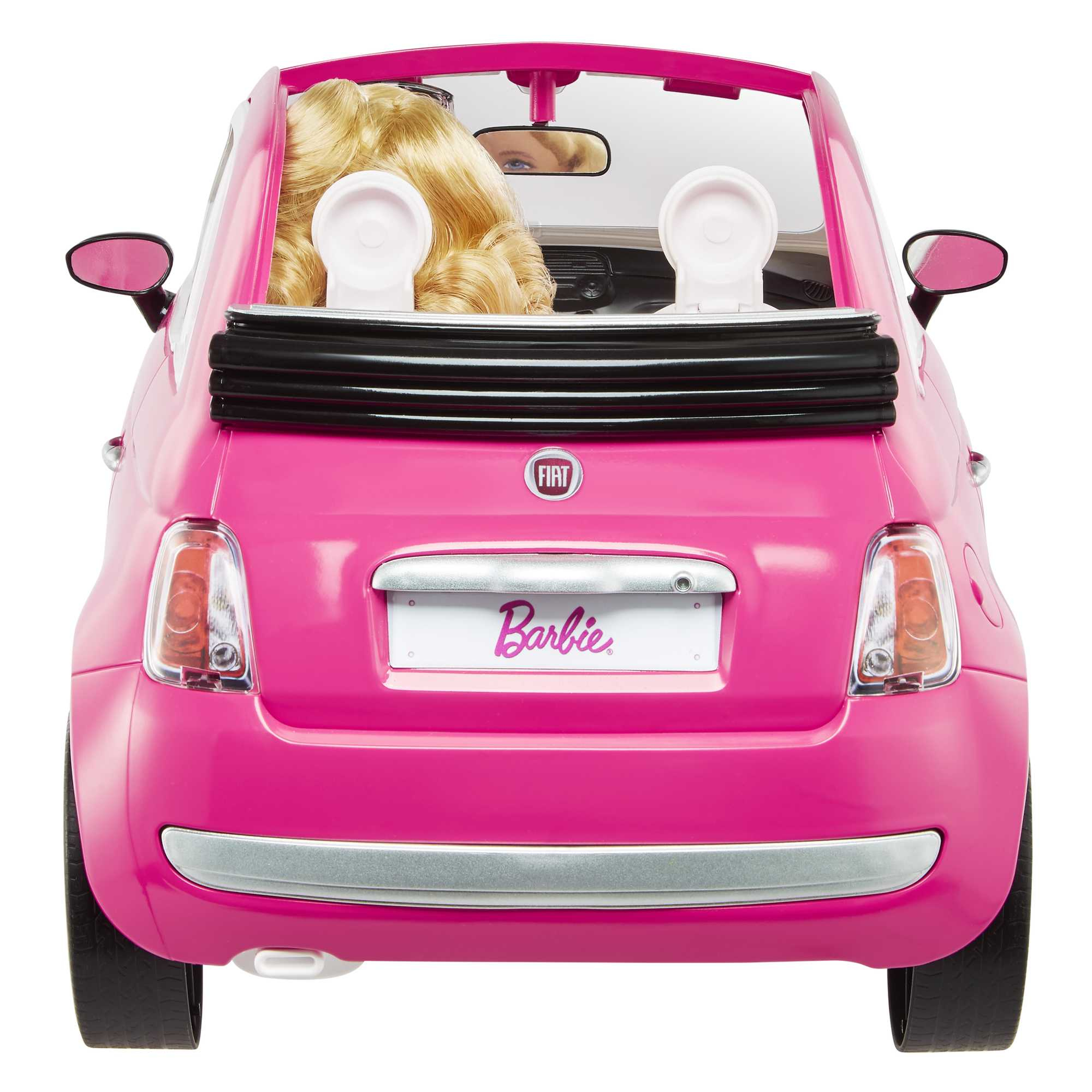 Rosa Barbie-Auto, Rückansicht, mit blondhaariger Puppe darin.