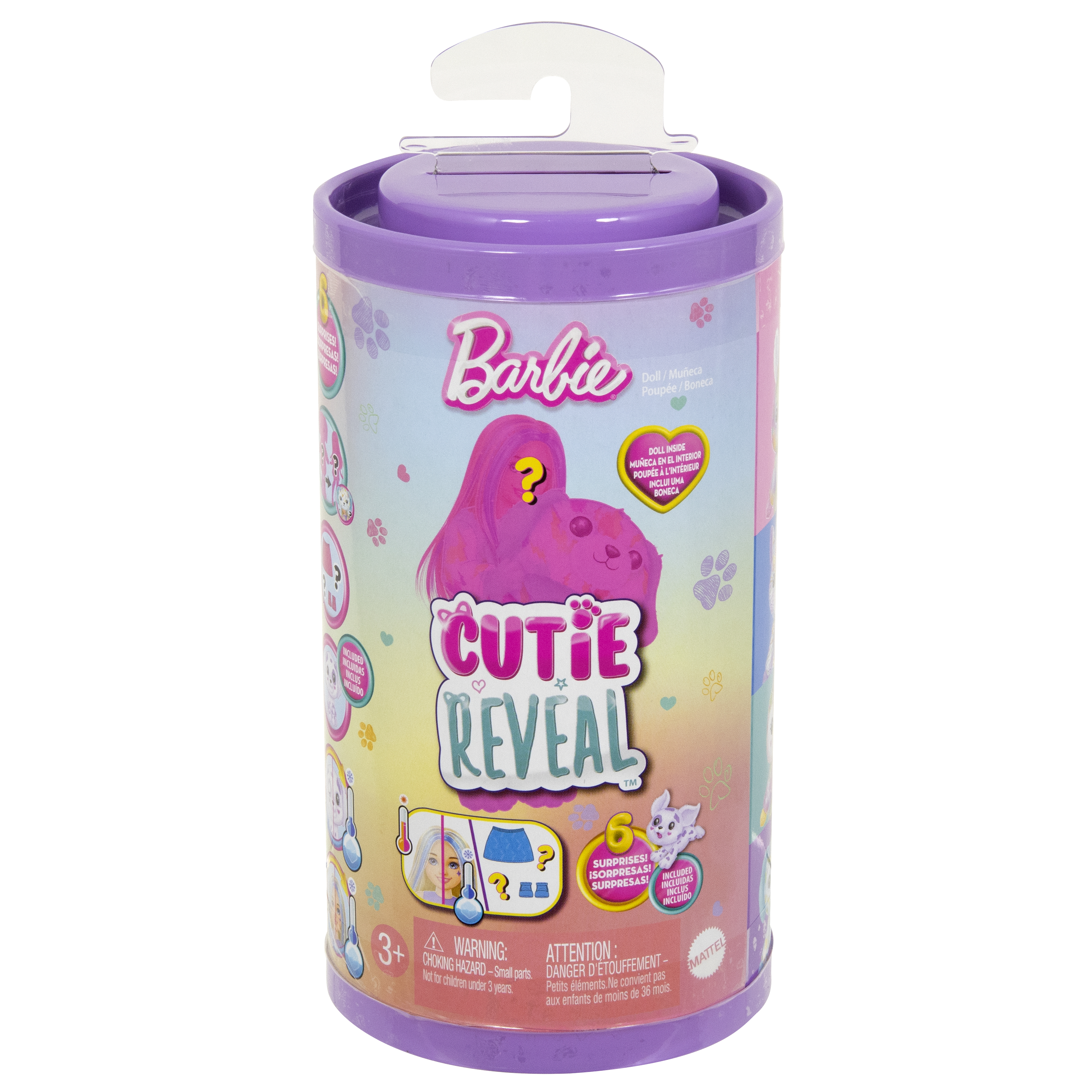 Un contenedor cilíndrico con un logo de Barbie y un signo de interrogación, con un animal rosa.