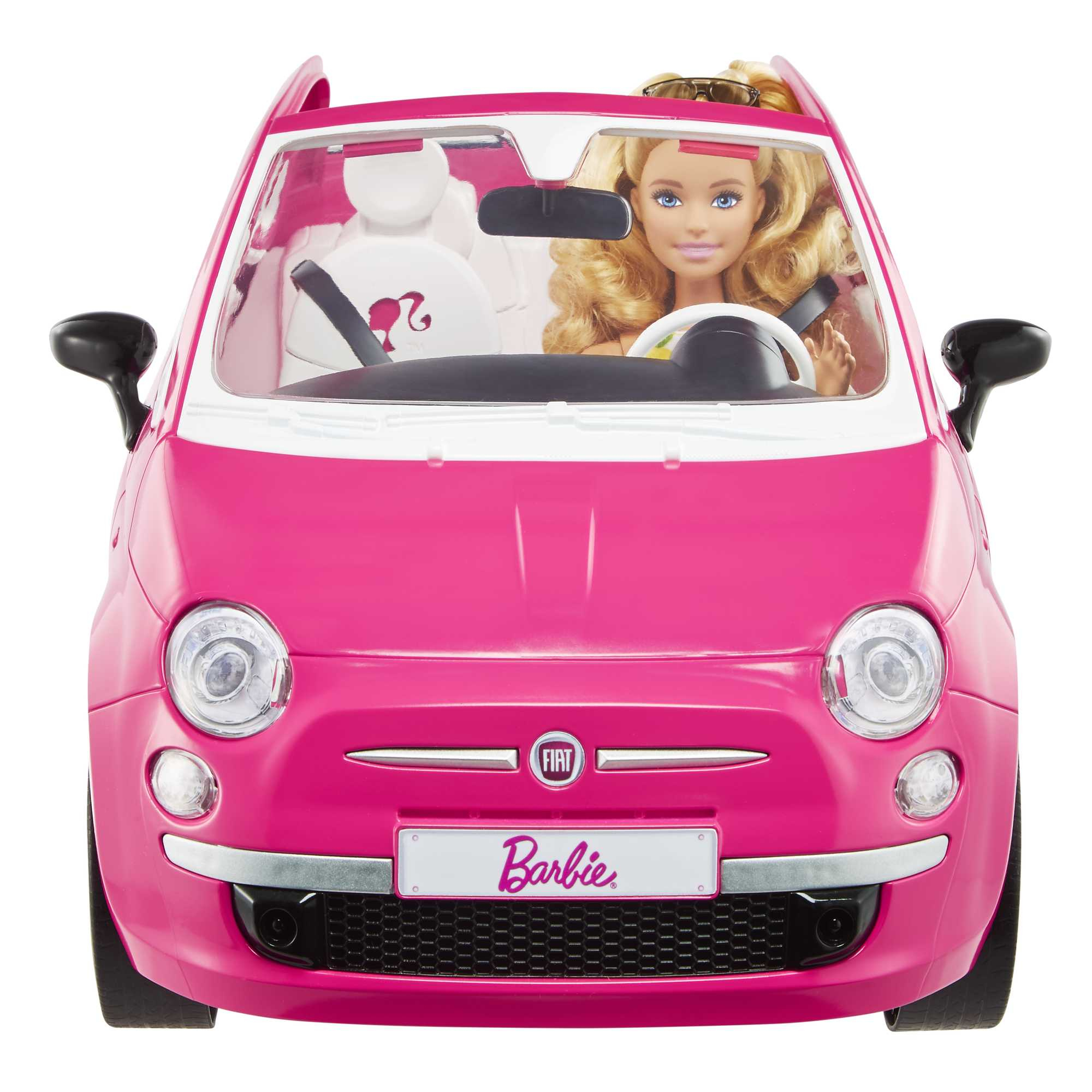 Ein pinkfarbenes Fiat 500 Barbie-Auto, mit Barbie-Puppe am Steuer. Die Frontansicht zeigt Details.