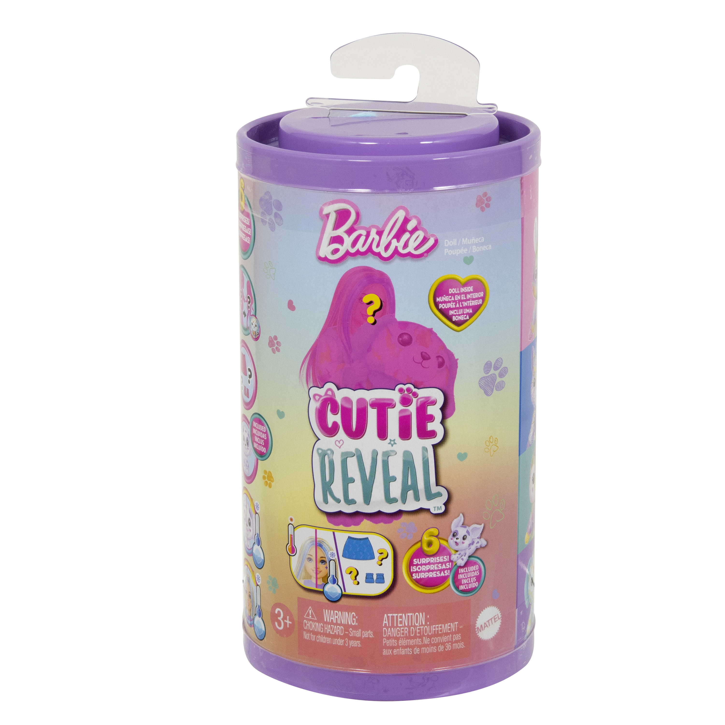 Un cilindro morado de Barbie Cutie Reveal con una imagen de Barbie rosa e iconos misteriosos.