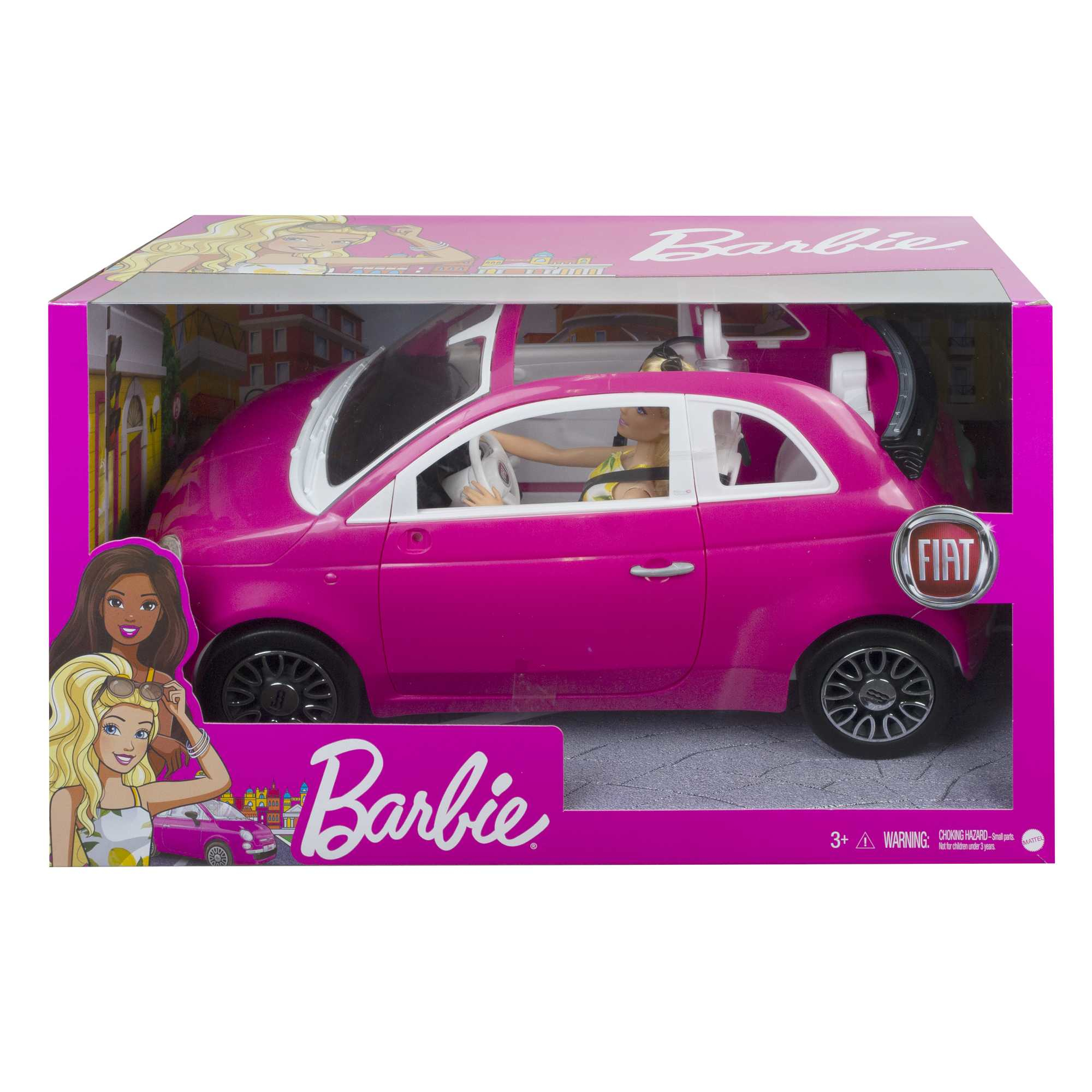 Barbie-Auto-Spielzeug, pinker Fiat 500, in einer Box.