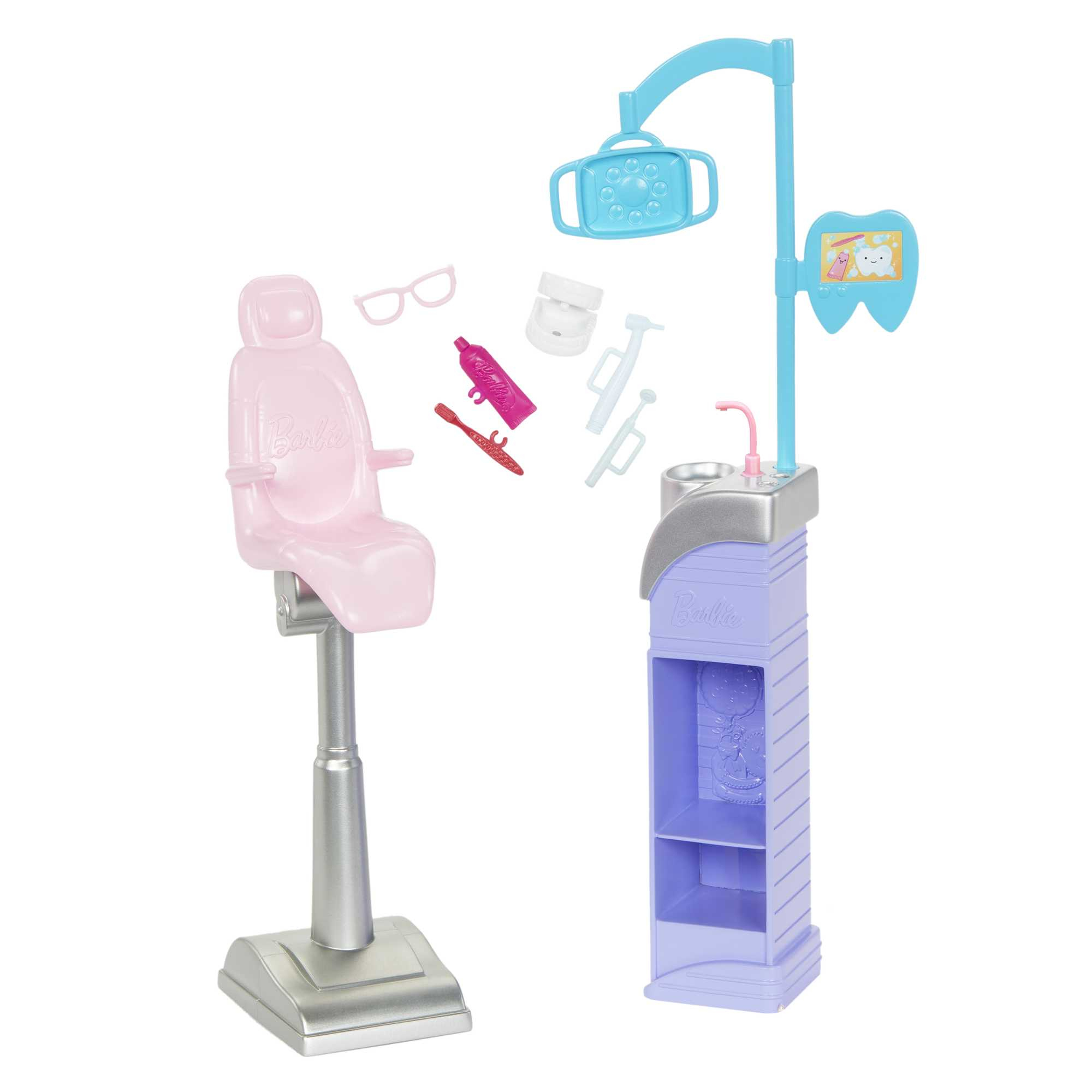 Barbie-Zahnarztset mit Stuhl, Werkzeugen und Waschbecken.