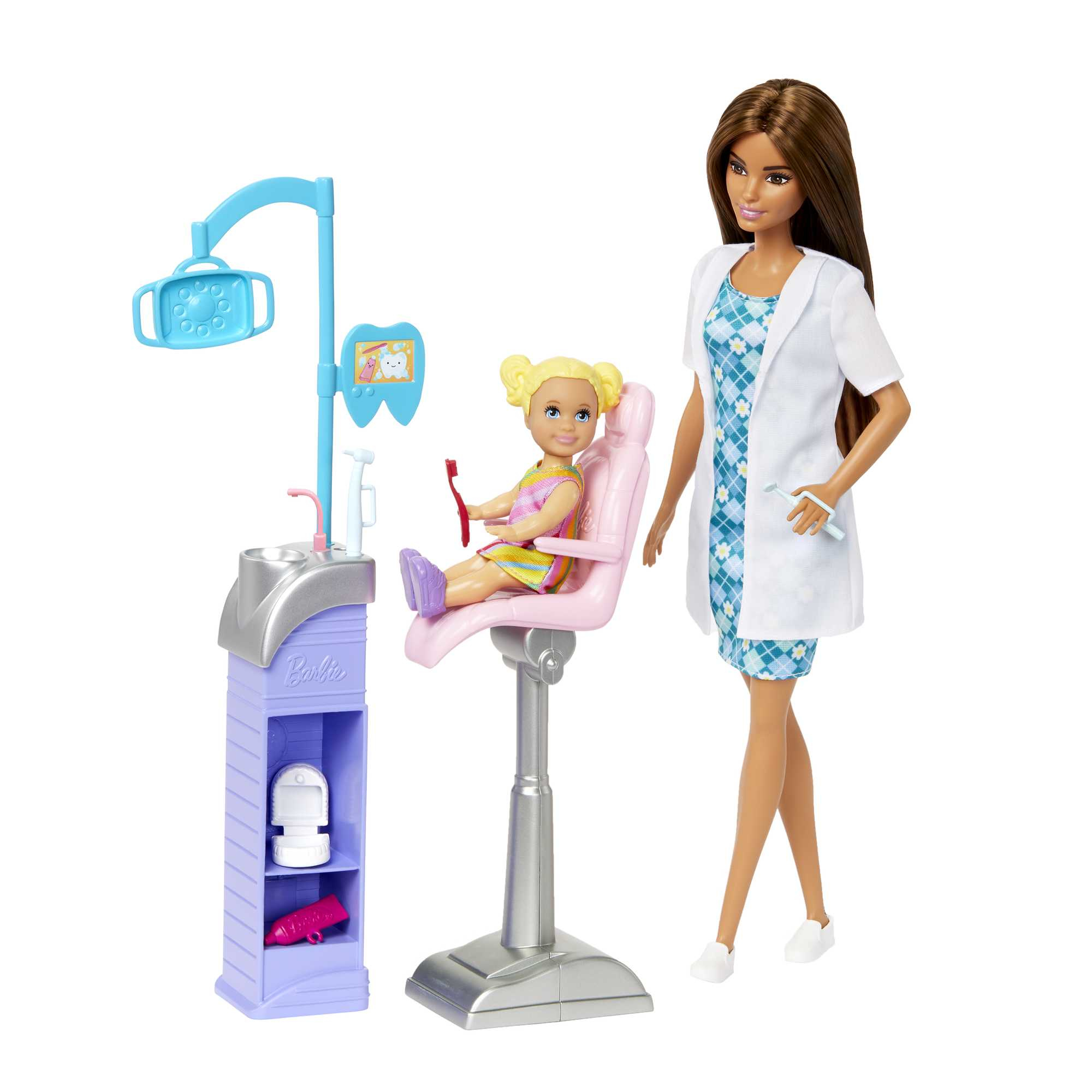 Ein Barbie-Zahnarzt-Set mit einer Puppe als Zahnarzt, einem Patienten und zahnärztlichen Werkzeugen.