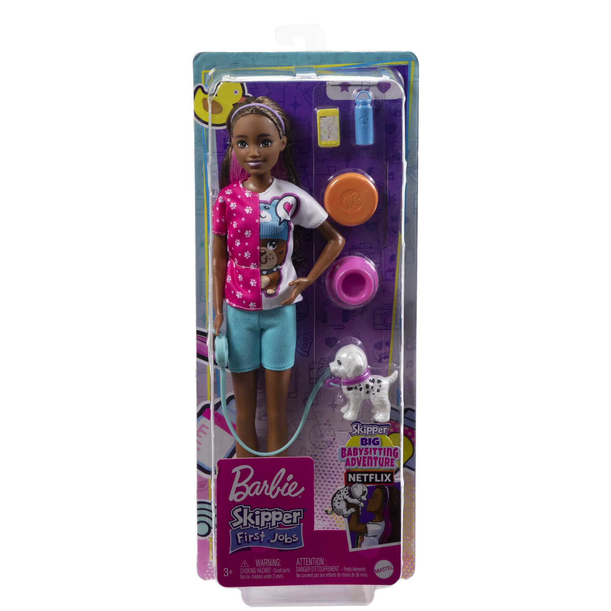 Barbie Skipper Puppe mit Hund und Zubehör verpackt.
