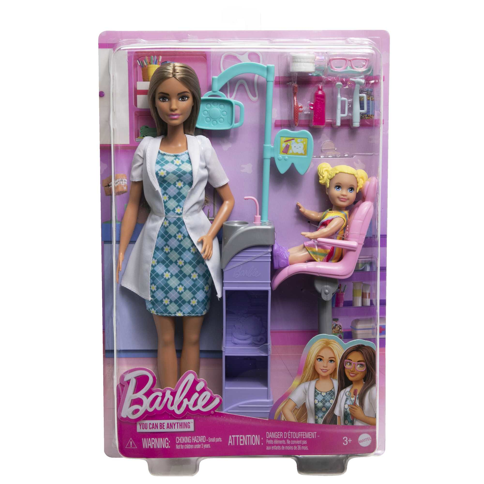 Barbie Zahnarztpuppe im Paket mit einer Kinderpuppe, Zahnwerkzeugen und einem Zahnarztstuhl.
