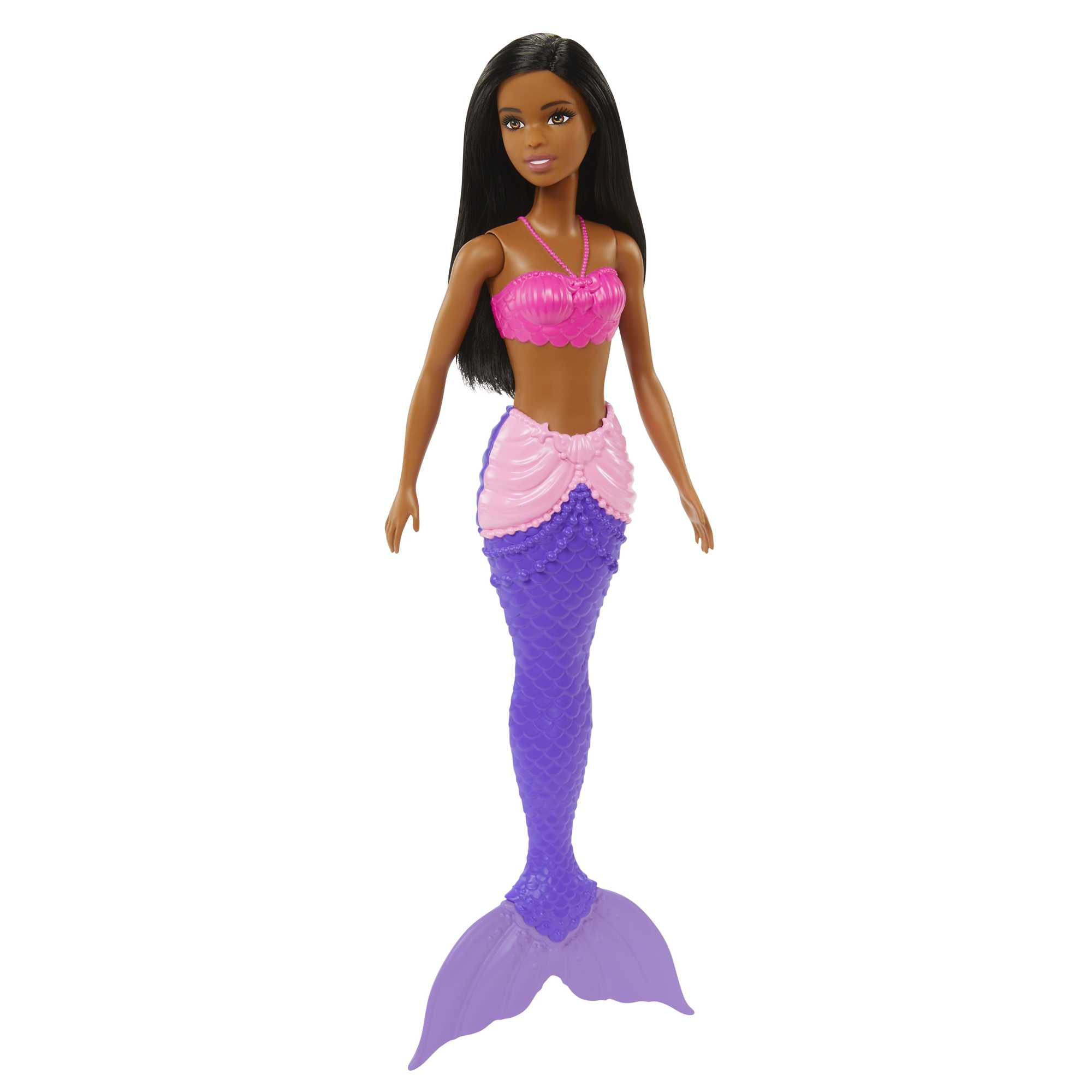 Eine Meerjungfrau-Barbie-Puppe mit schwarzen Haaren, pinkem Oberteil, einem lila und pinken Schwanz und einer lila Flosse.