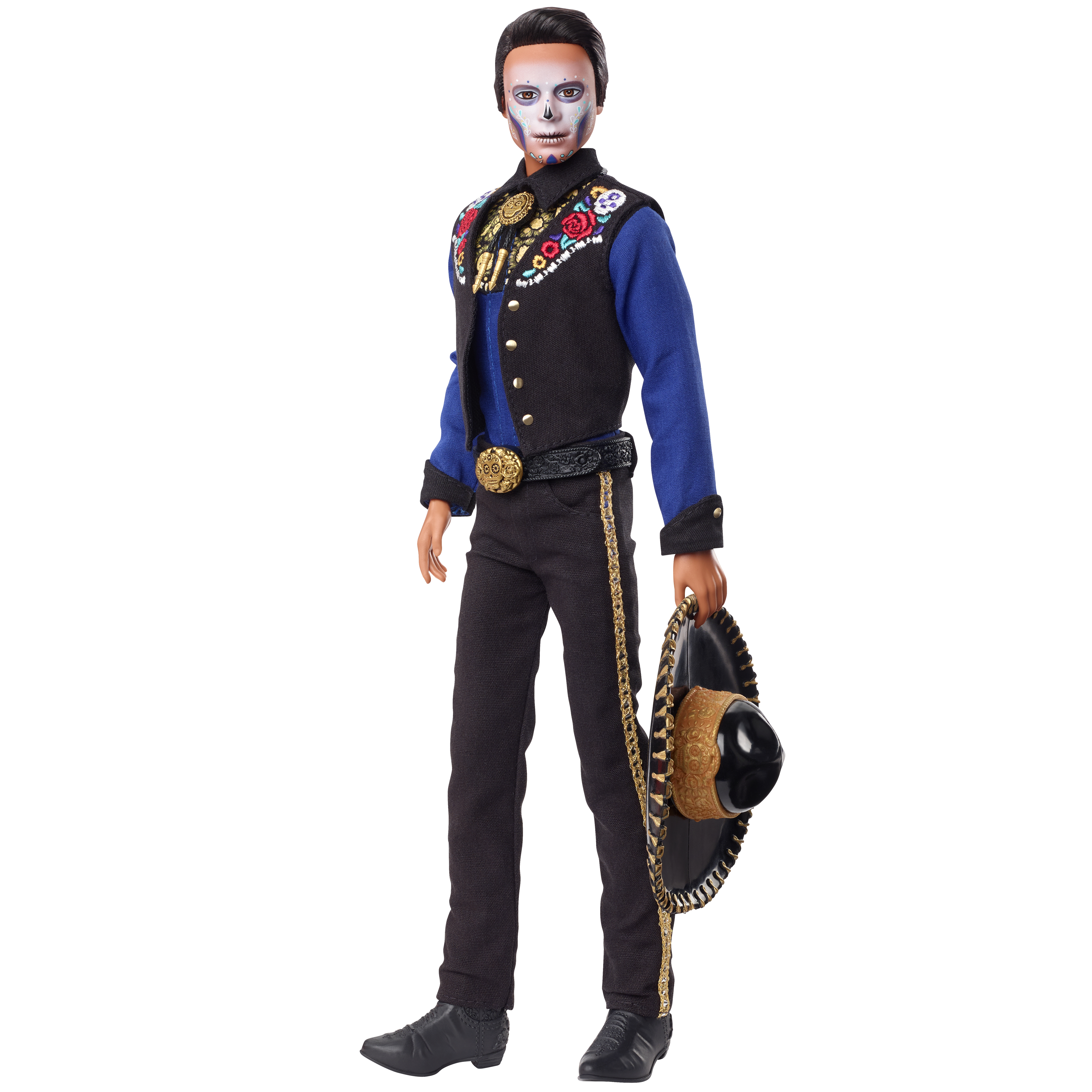 Lalka Barbie ubrana na Dzień Zmarłych, w czarnej kamizelce i malowaniu twarzy.