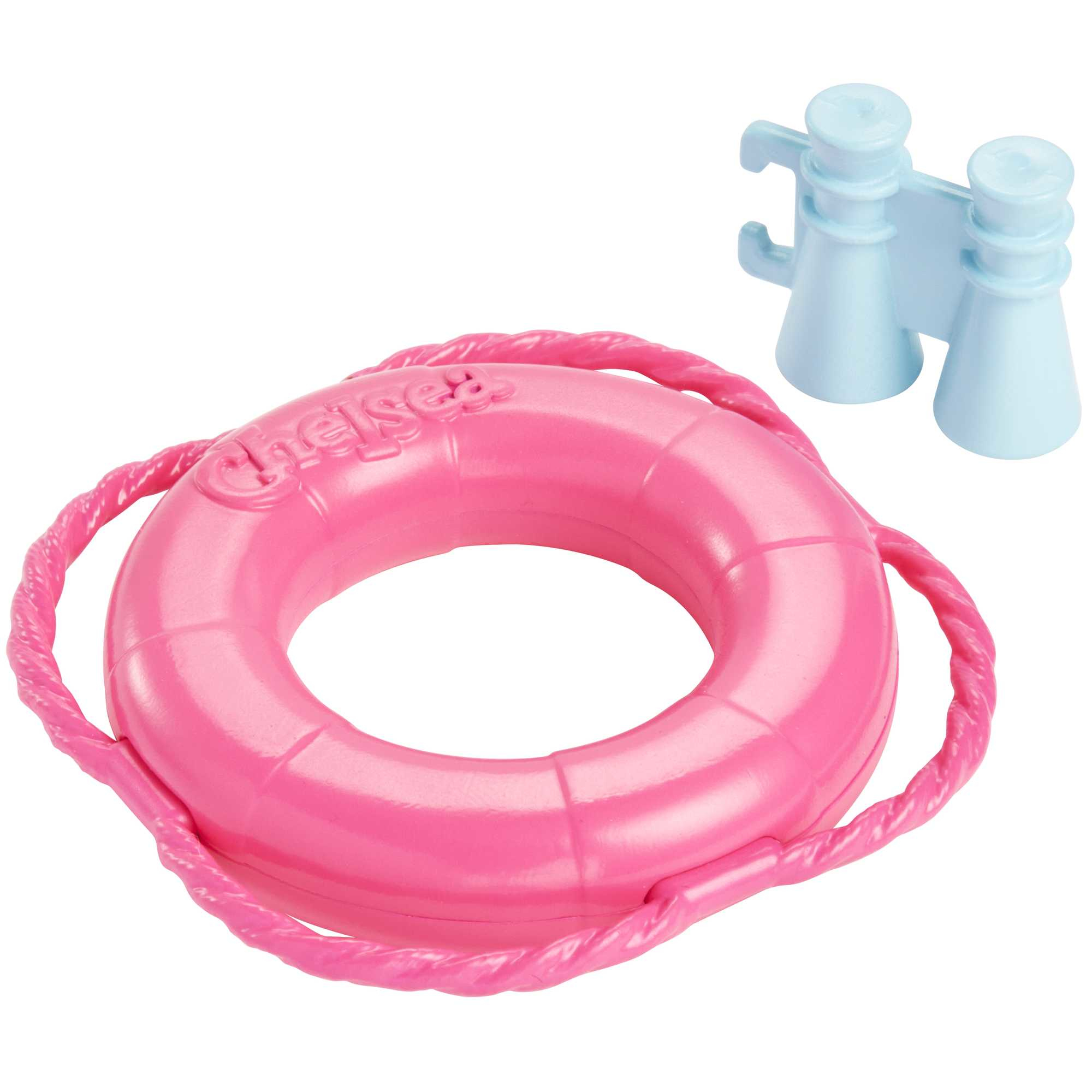 Rosa Spielzeug-Rettungsring und blaues Fernglas.