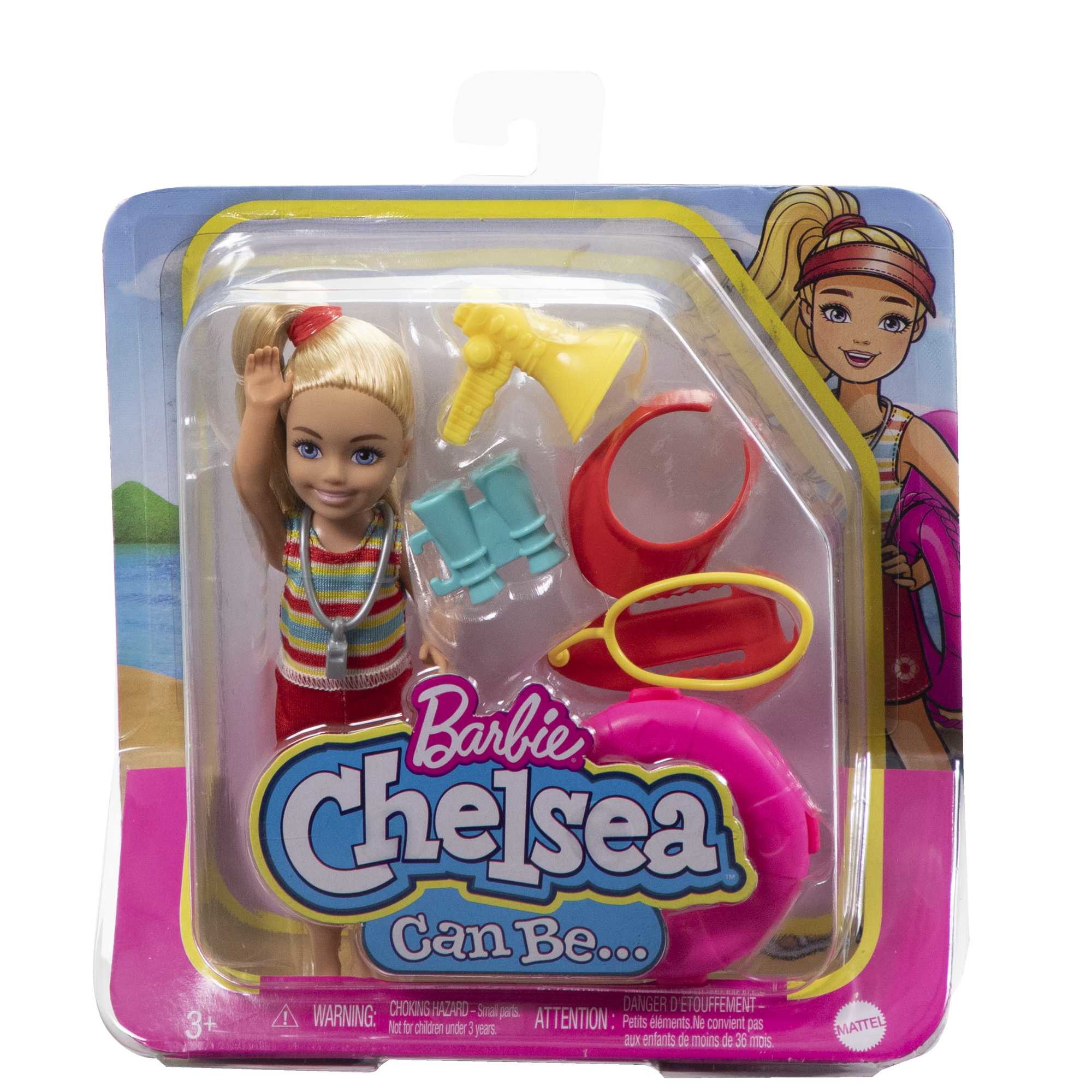 Chelsea-Puppe in einer Verpackung. Sie trägt ein Rettungsschwimmer-Outfit und Zubehör.