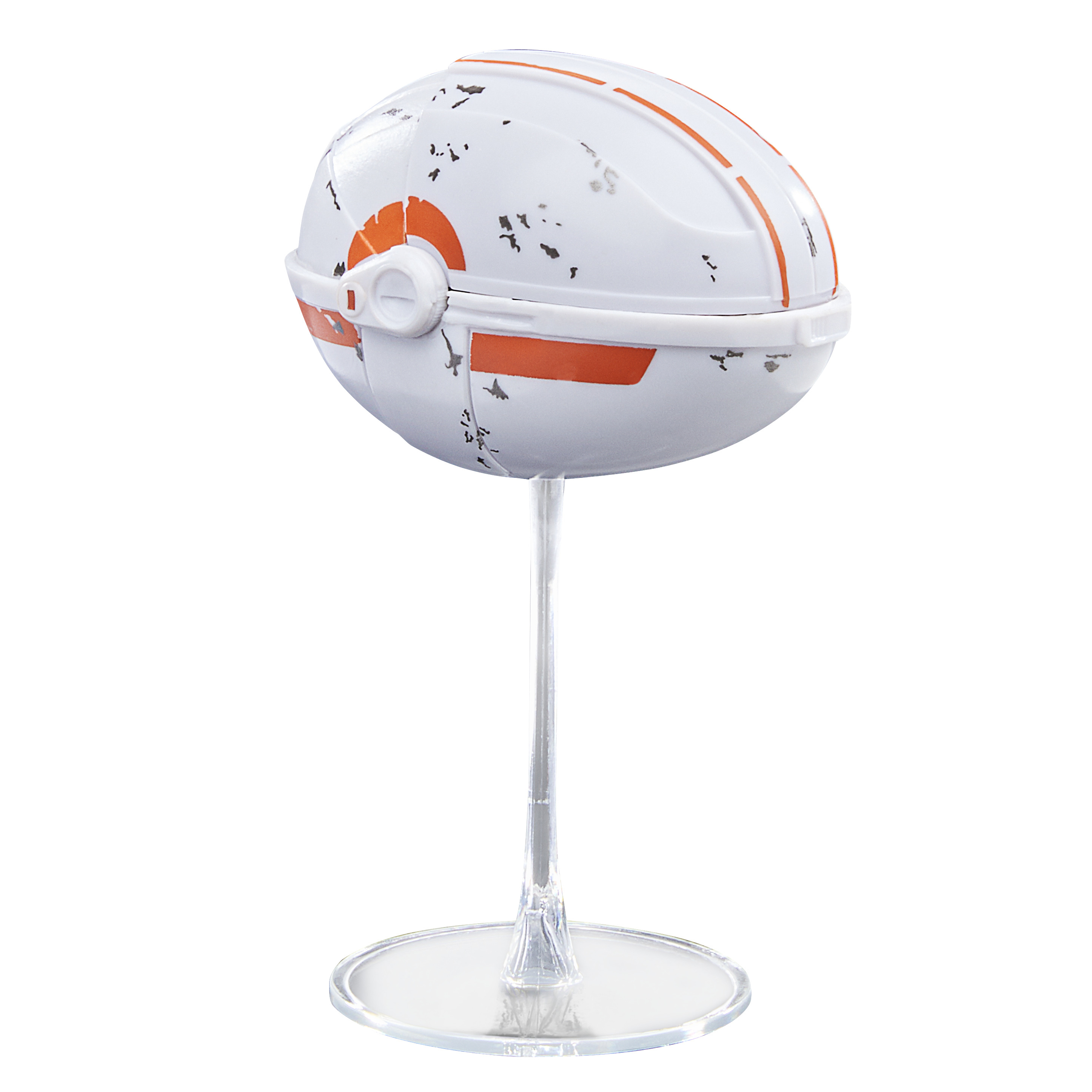 Un oggetto bianco a forma di palla con strisce arancioni, montato su un supporto trasparente. Sfondo bianco.