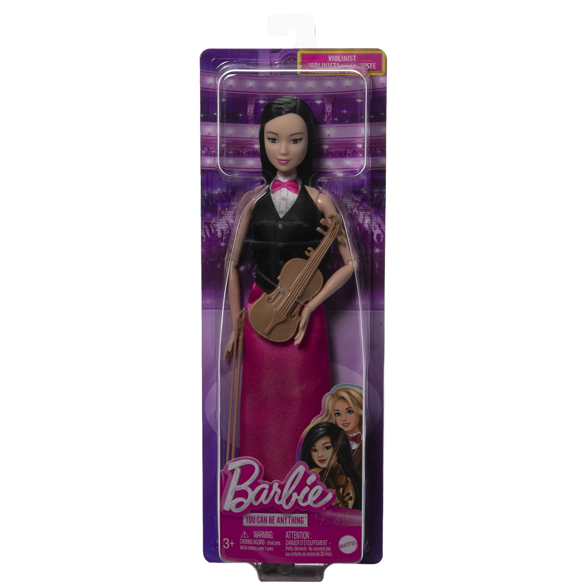 Barbie-Geigerinnen-Puppe in einer Verpackung. Sie hält eine Geige in einem rosa Kleid.