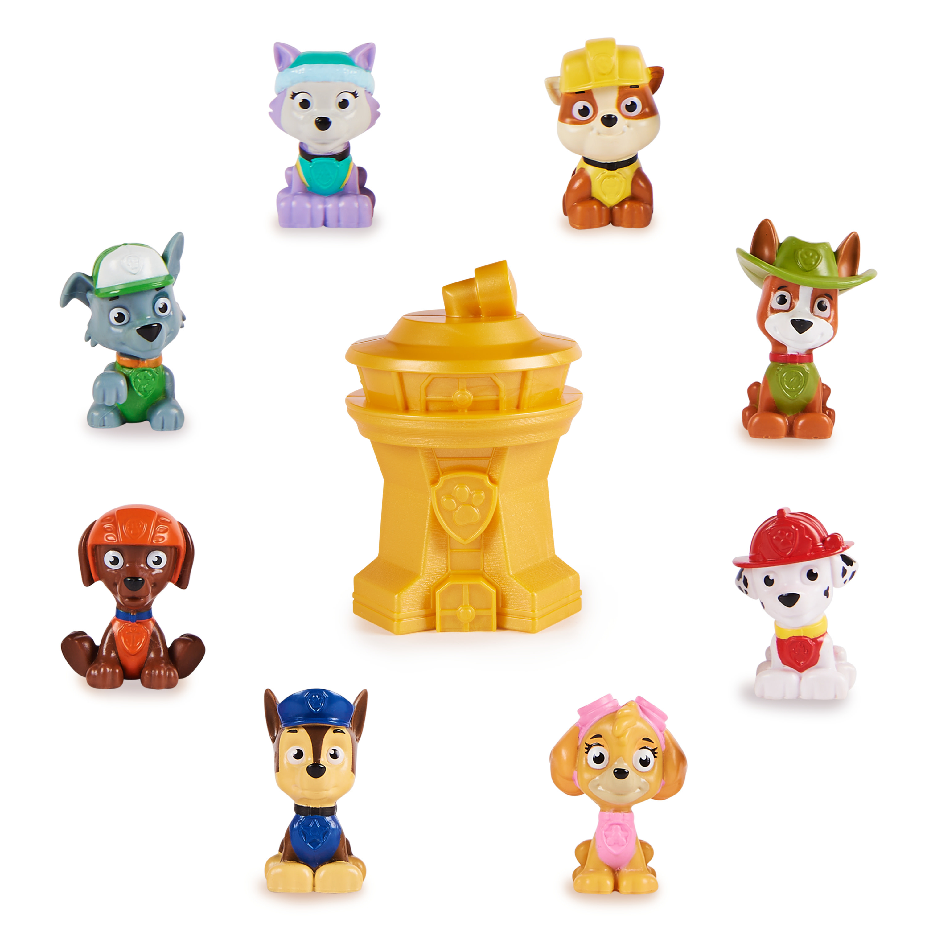 Eine Gruppe von Paw Patrol Figuren um einen gelben Turm. Jede Figur ist ein anderer Hundecharakter.
