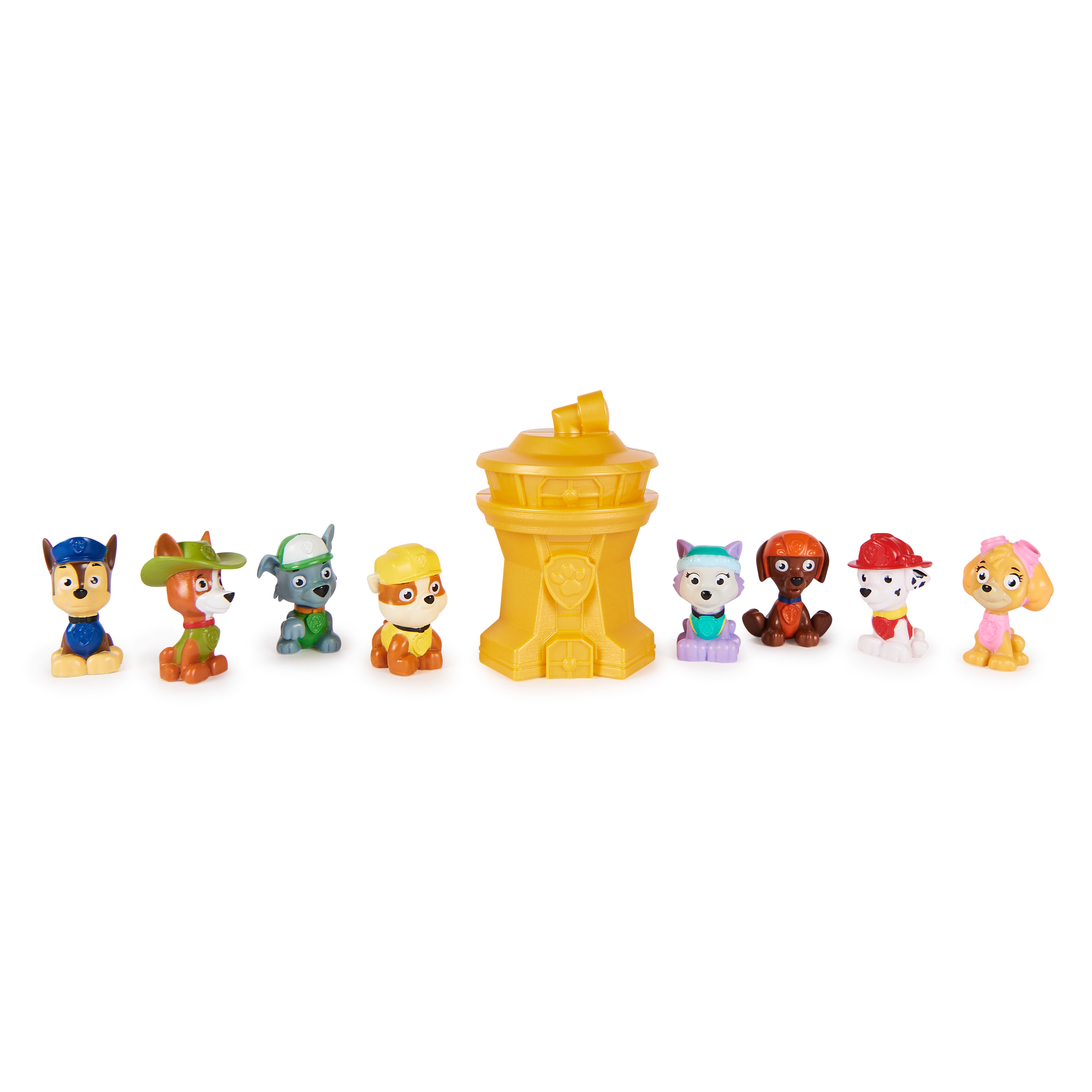Eine Gruppe von Paw Patrol Figuren und ein gelber Turm. Jede Figur ist ein anderer Hundecharakter.