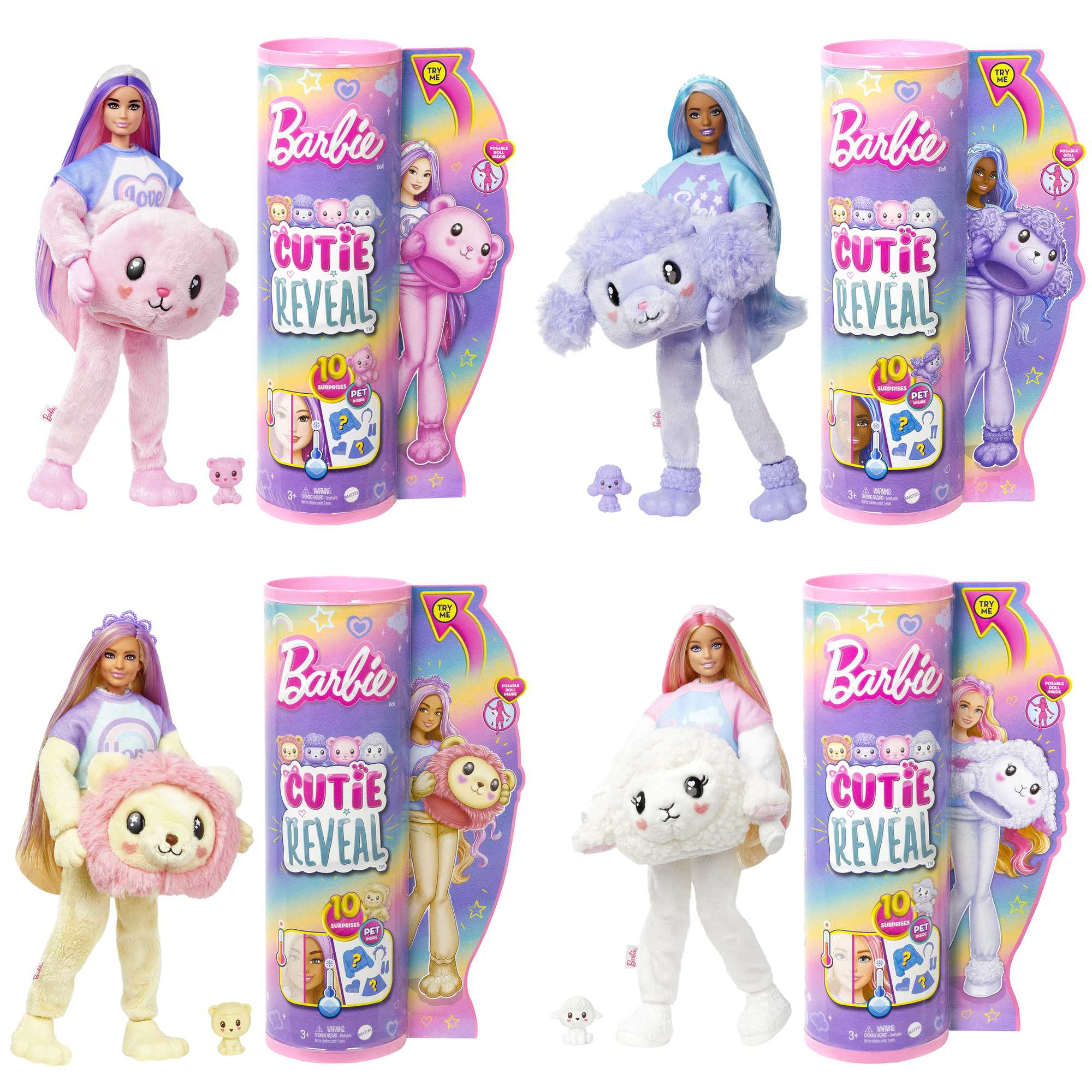 Cztery lalki Barbie Cutie Reveal. Każda lalka jest w kostiumie zwierzęcym z akcesoriami i opakowaniem.
