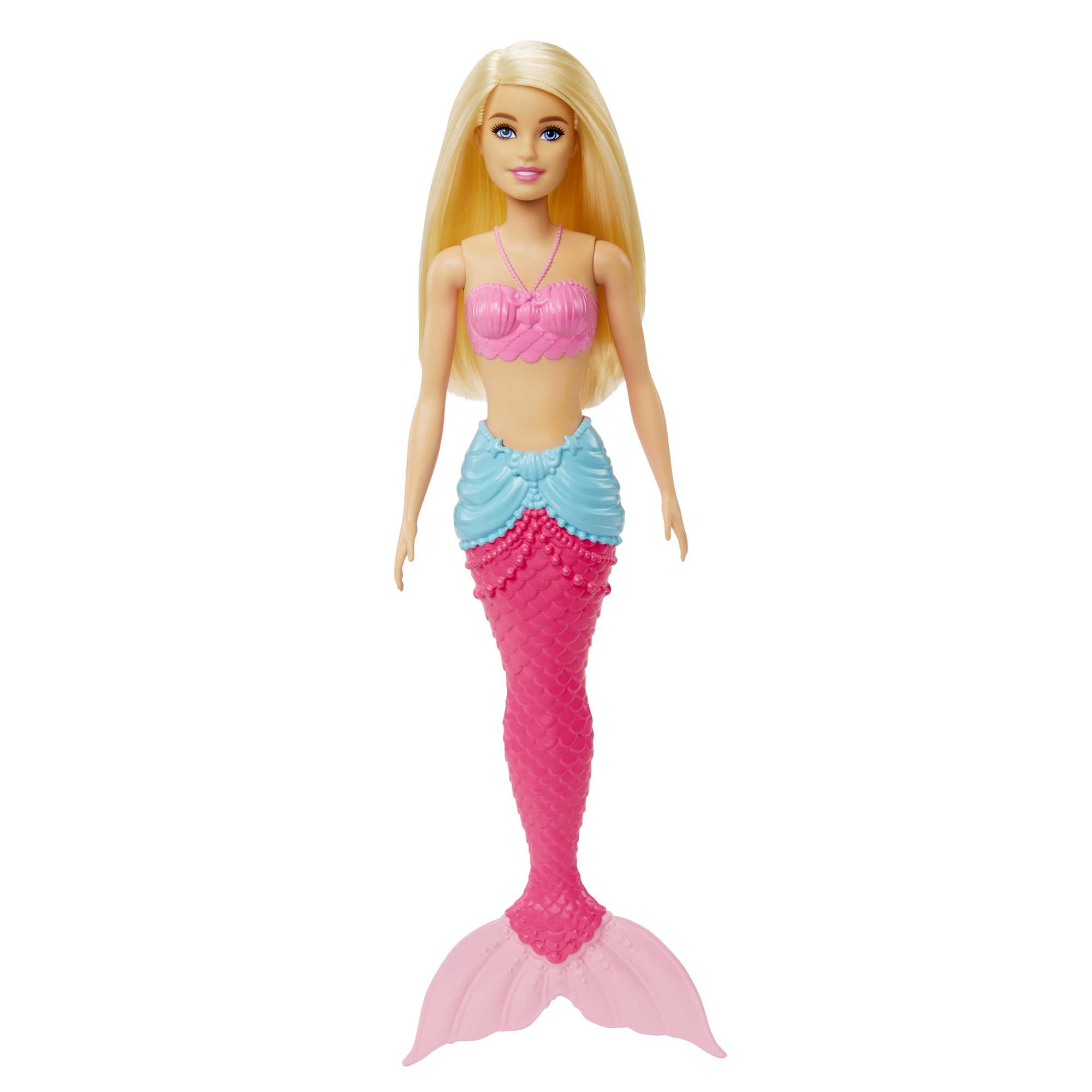 Eine Barbie Meerjungfrauenpuppe mit langen blonden Haaren, einem rosa Oberteil, einem blauen Rock und einer rosa Fischschwanzflosse.