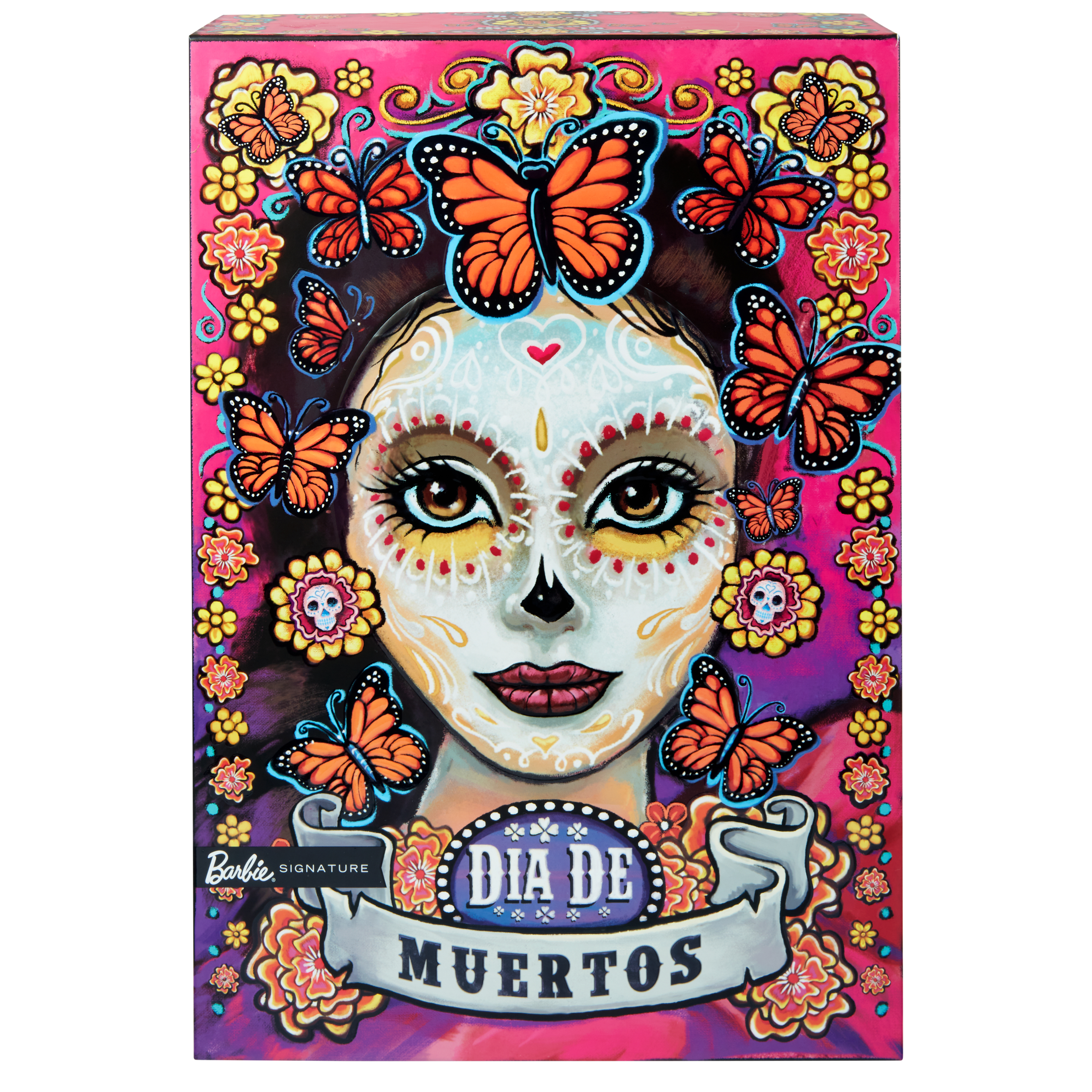 Eine bunte Barbie-Box mit einem bemalten Gesicht, Schmetterlingen und den Worten Dia De Muertos.
