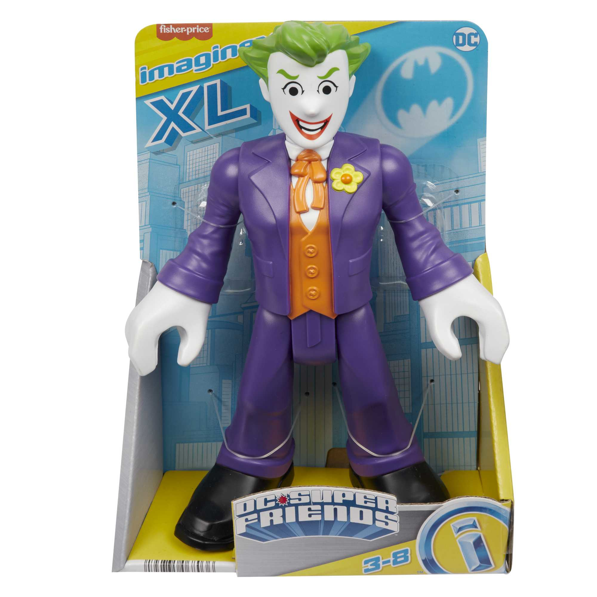 Figurka Jokera Fisher-Price Imaginext DC Super Friends w opakowaniu. Joker ma na sobie fioletowy garnitur.
