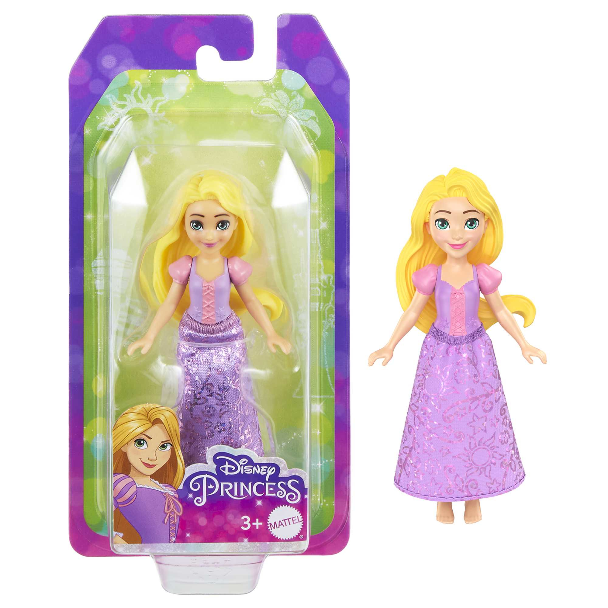 Rapunzel-Puppe in Verpackung, mit langen blonden Haaren und lila Kleid, auf Weiß.