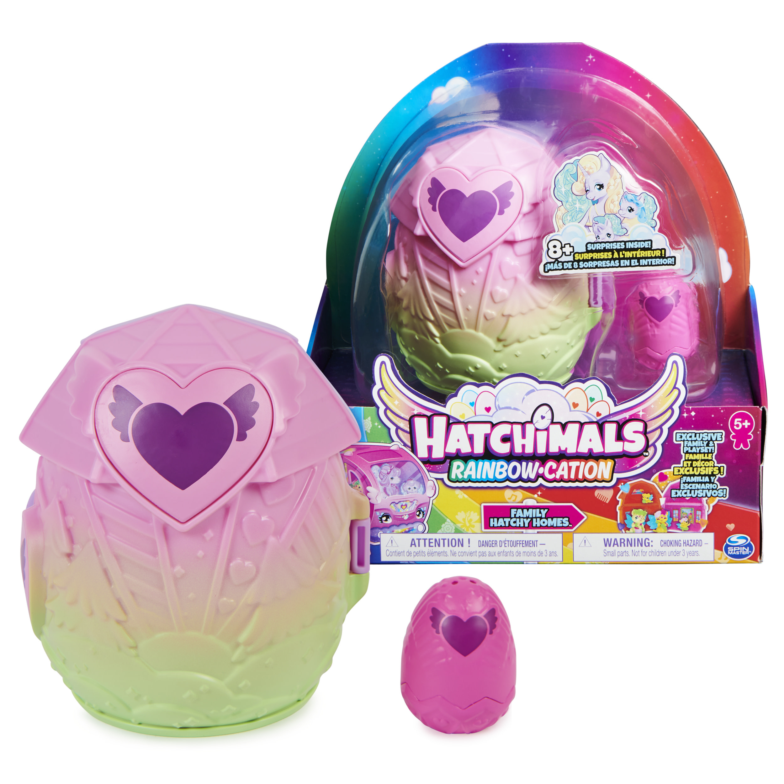 Jajko Hatchimals w opakowaniu i osobne, różowe z sercem. Opakowanie ma tęczowy wzór.