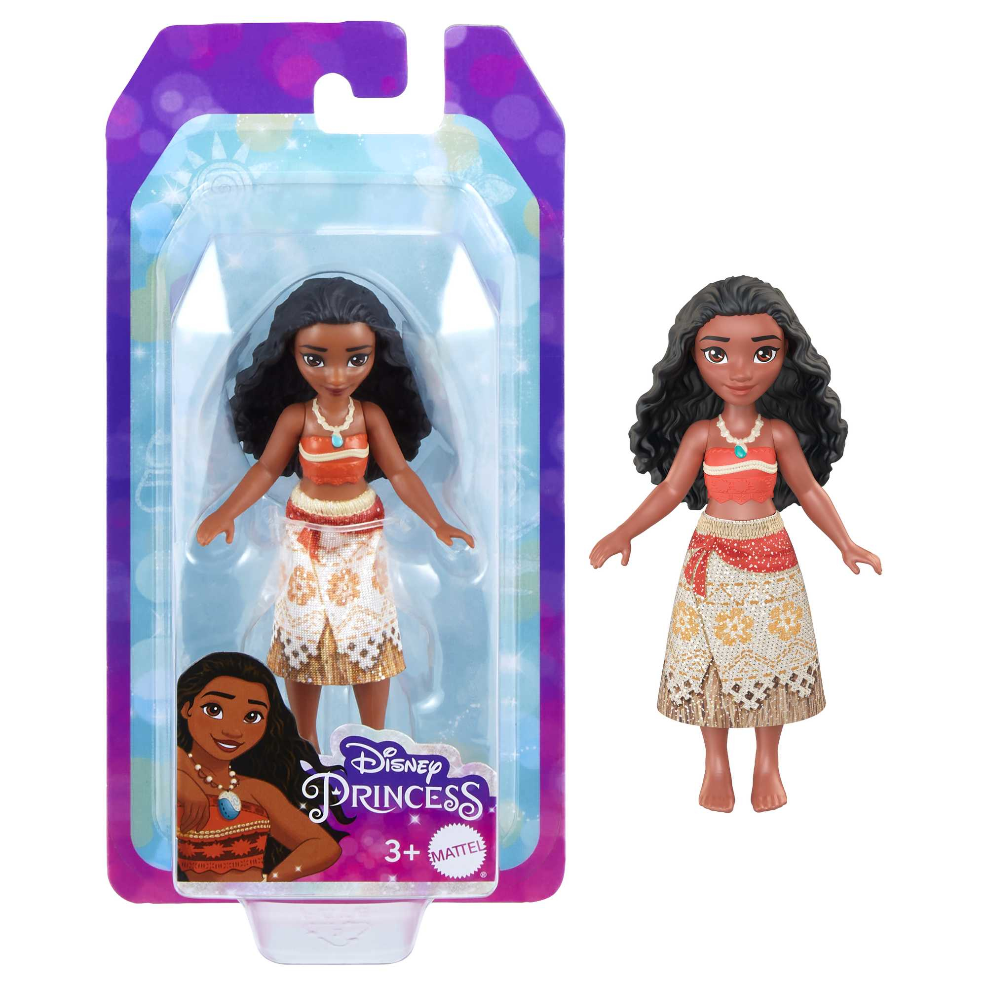 Moana-Puppe in der Verpackung, mit einer ähnlichen Puppe außerhalb der Verpackung. Beide tragen Rock und Oberteil.