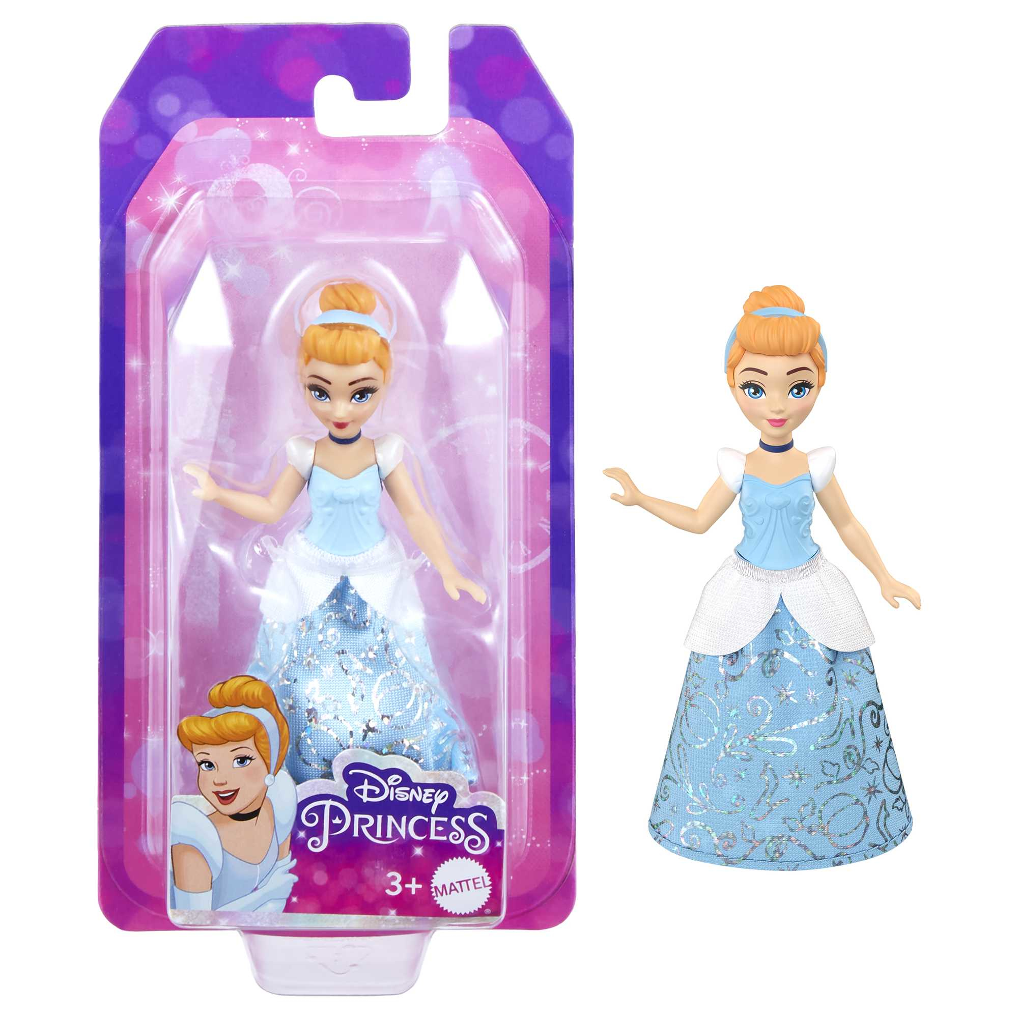 Eine Puppe in einer Verpackung. Sie zeigt eine Prinzessin in blauem Kleid.