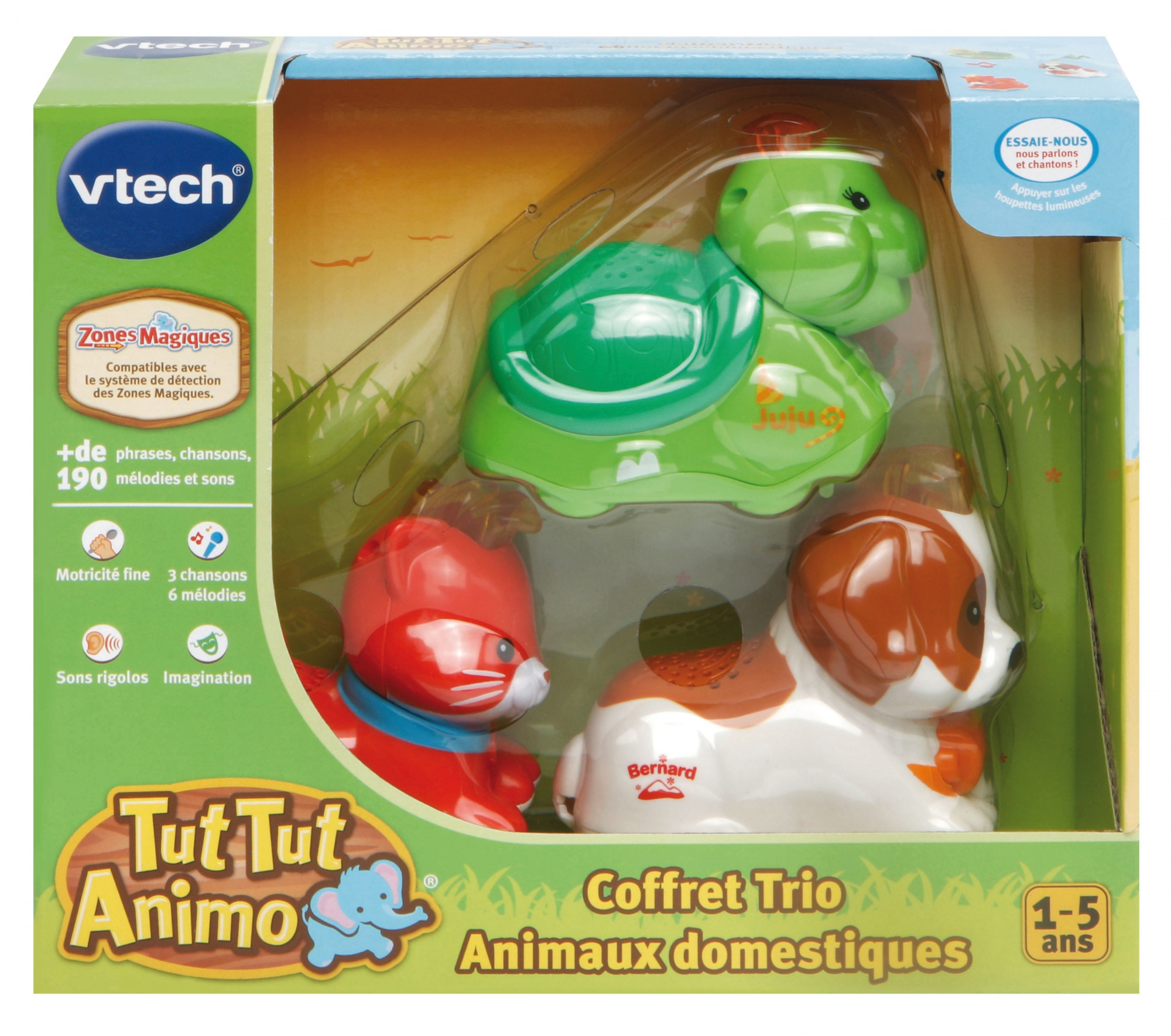 Un juego de juguetes para niños en caja con una tortuga, un gato y un perro. La caja dice 'Tut Tut Animo'.