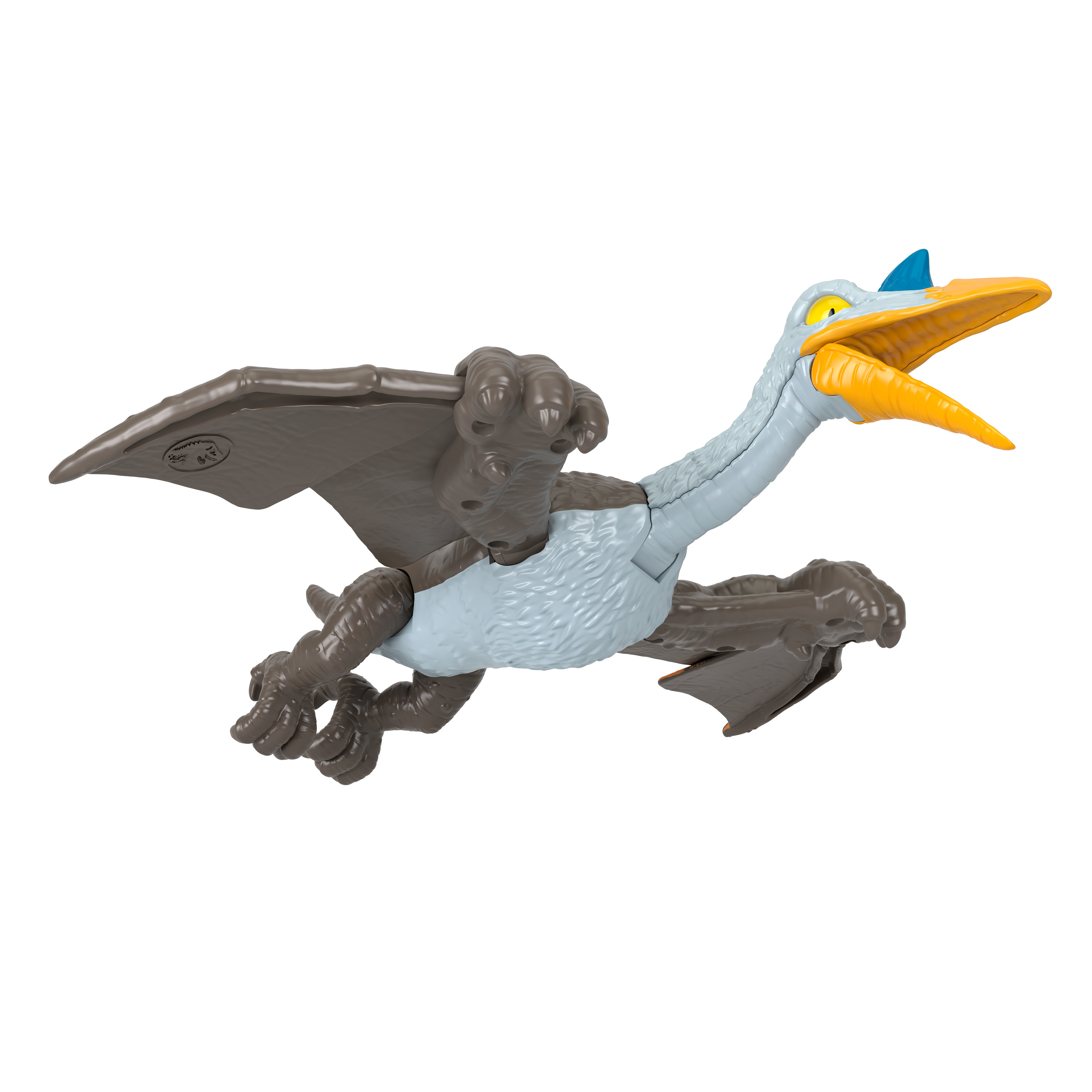 Spielzeug-Pterodaktylus im Flug, graue Flügel, blaue Kopfhaube und gelber Schnabel.