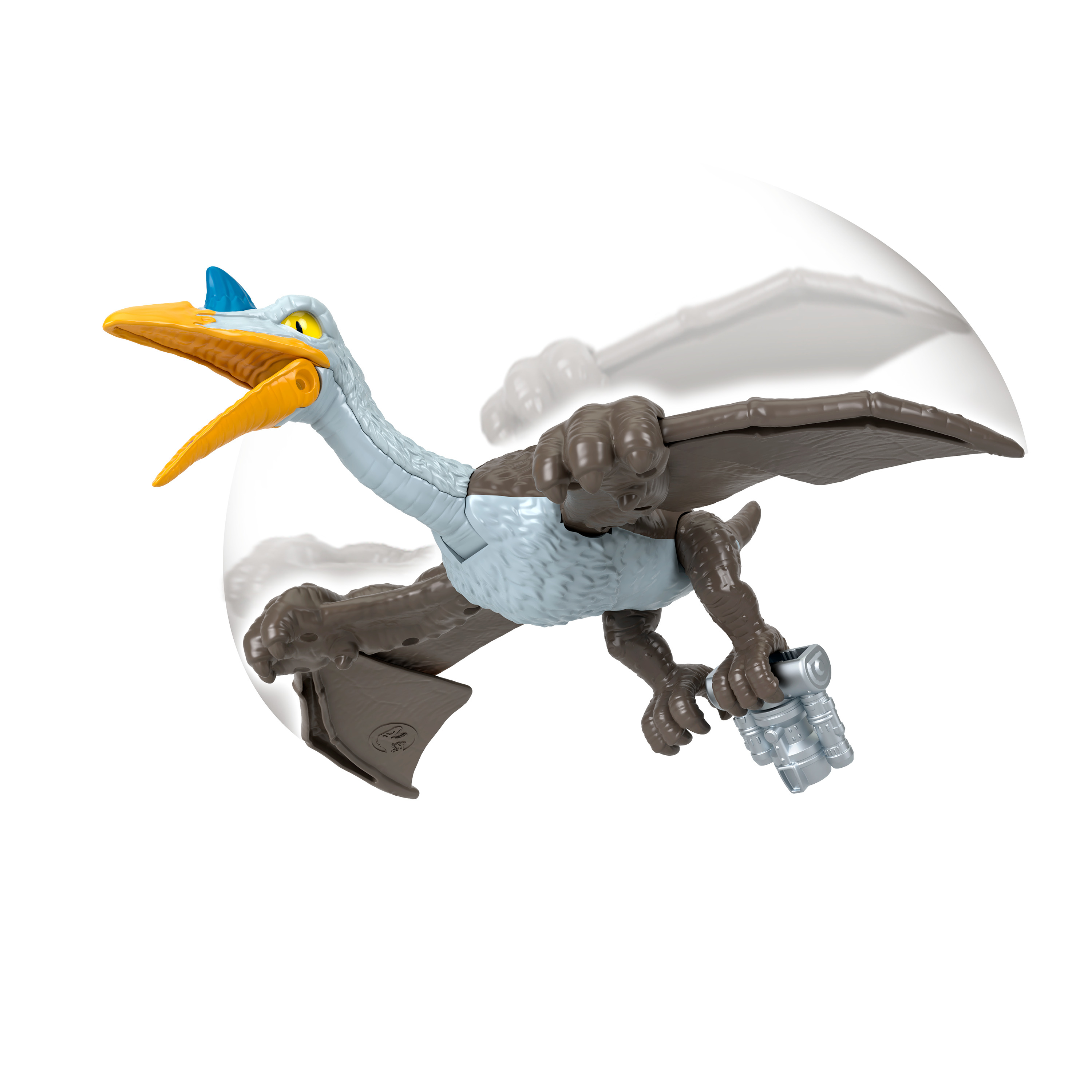 Ein Dinosaurier-Spielzeug im Flug, mit blau-grauem Körper und gelbem Schnabel, Flügel ausgebreitet, vor Weiß.